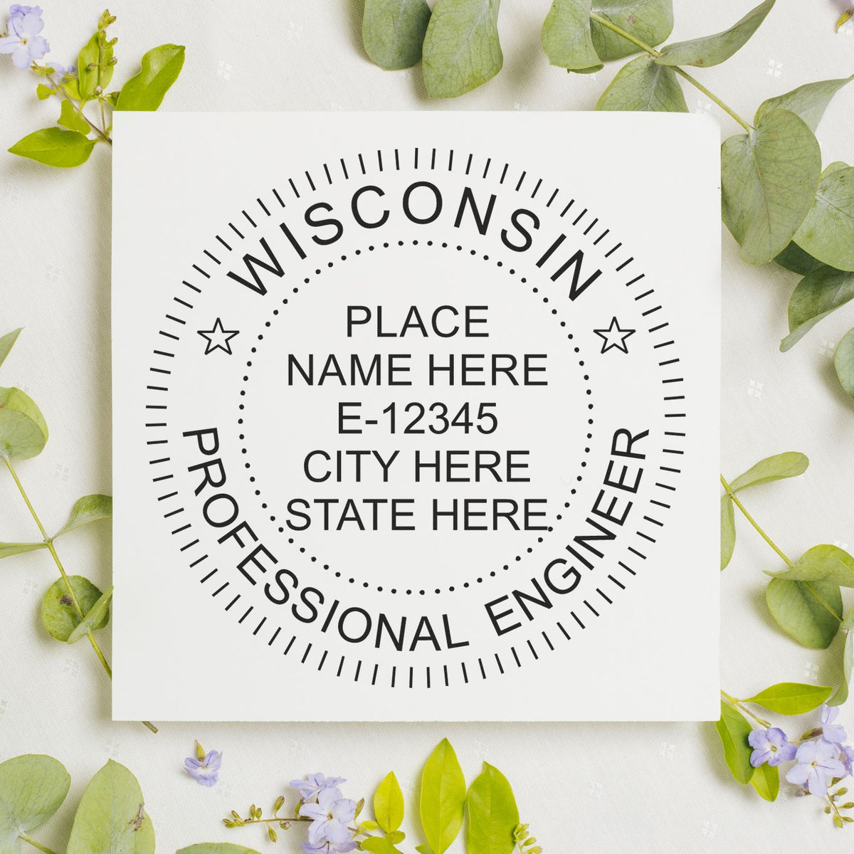 A lifestyle photo showing a stamped image of the Wisconsin Professional Engineer Seal Stamp on a piece of paper