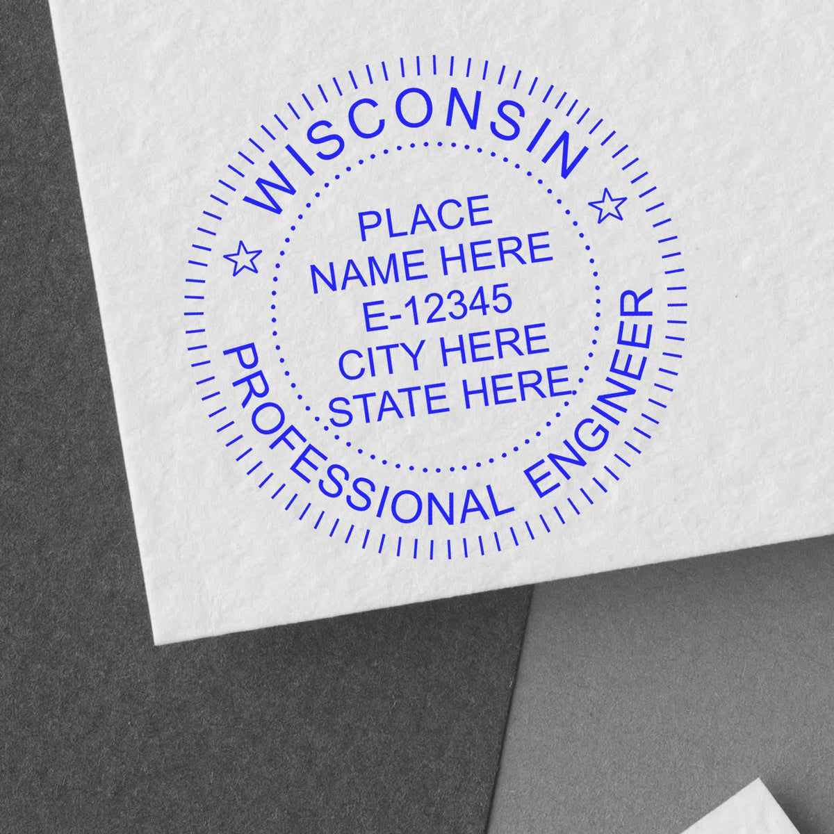 The Self-Inking Wisconsin PE Stamp stamp impression comes to life with a crisp, detailed photo on paper - showcasing true professional quality.