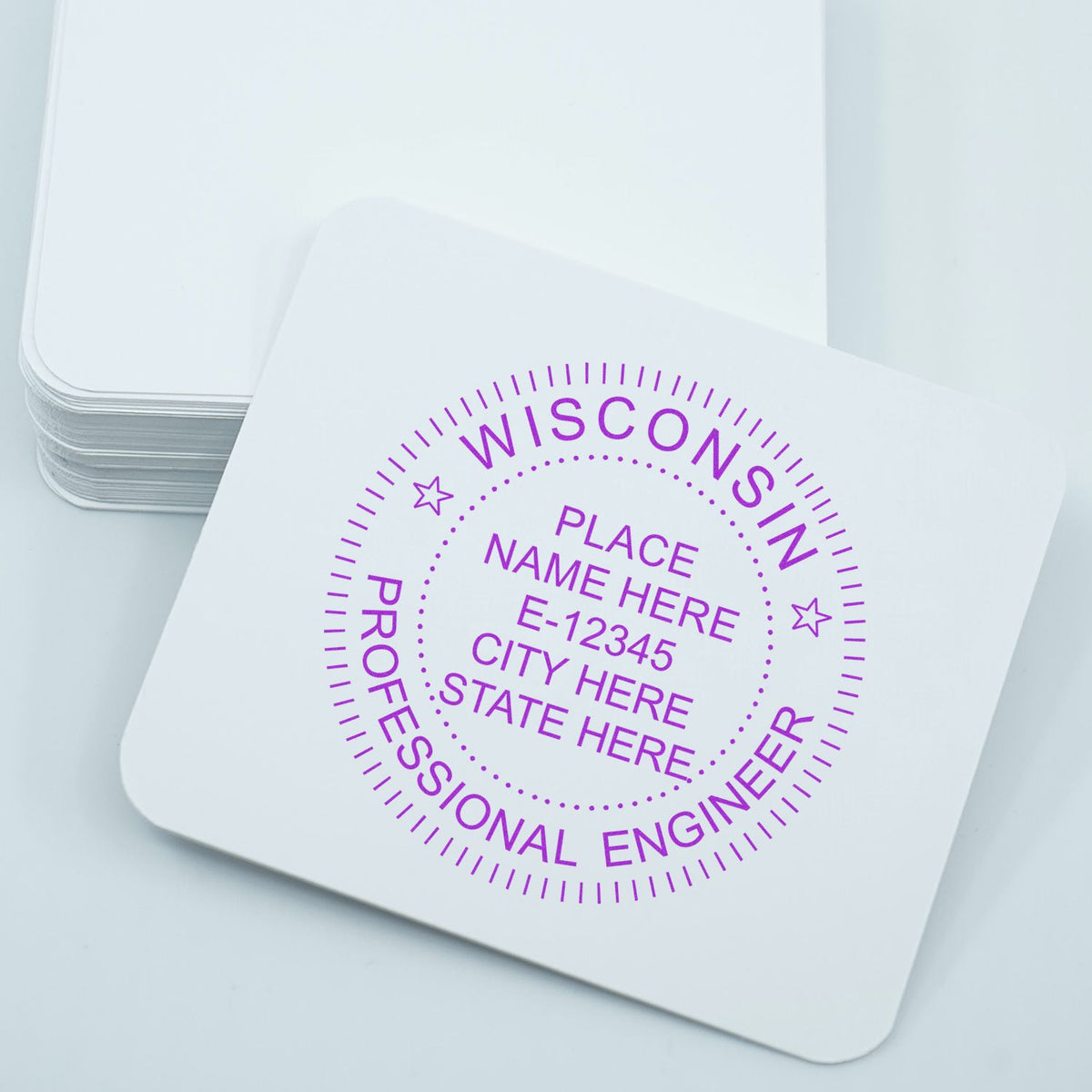 An alternative view of the Slim Pre-Inked Wisconsin Professional Engineer Seal Stamp stamped on a sheet of paper showing the image in use