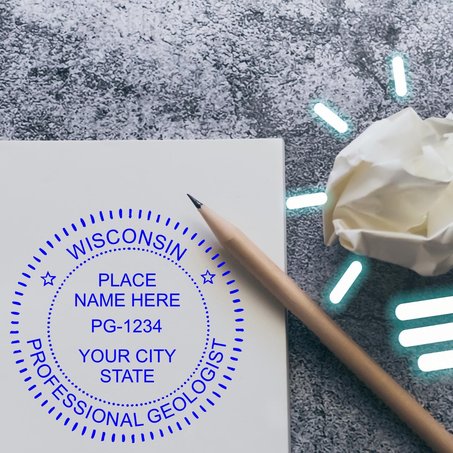 A lifestyle photo showing a stamped image of the Digital Wisconsin Geologist Stamp, Electronic Seal for Wisconsin Geologist on a piece of paper