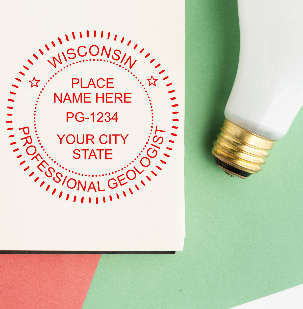 A stamped imprint of the Slim Pre-Inked Wisconsin Professional Geologist Seal Stamp in this stylish lifestyle photo, setting the tone for a unique and personalized product.