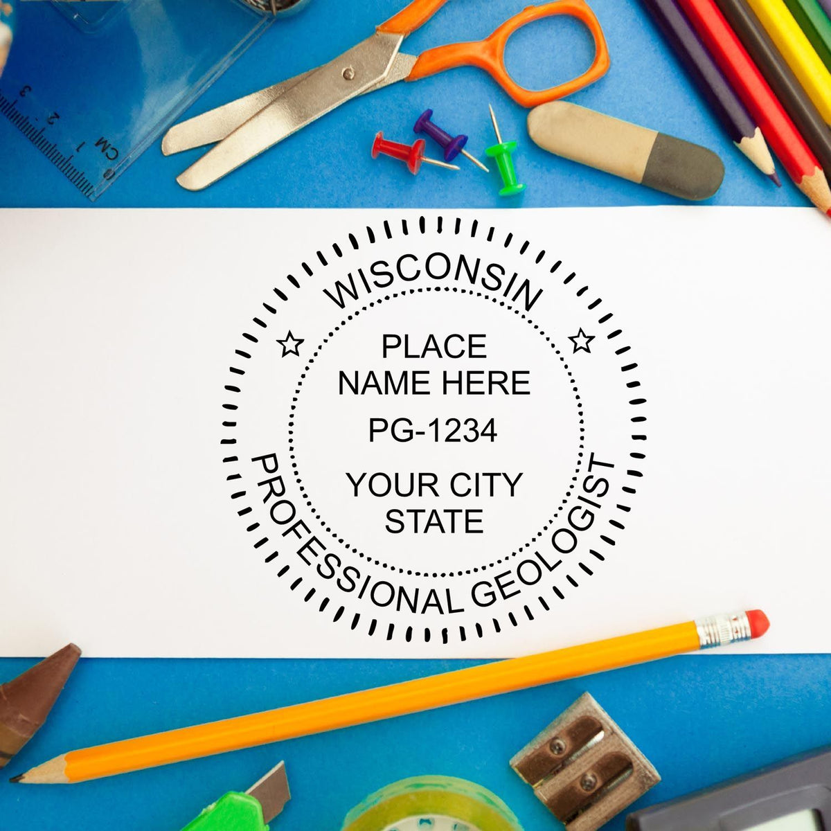 A stamped imprint of the Digital Wisconsin Geologist Stamp, Electronic Seal for Wisconsin Geologist in this stylish lifestyle photo, setting the tone for a unique and personalized product.