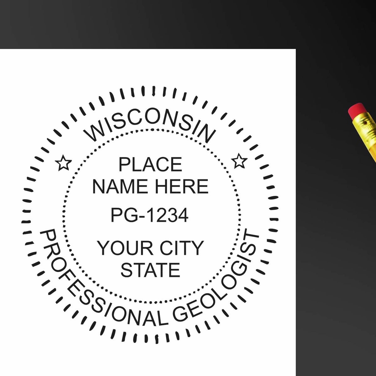 A lifestyle photo showing a stamped image of the Premium MaxLight Pre-Inked Wisconsin Geology Stamp on a piece of paper
