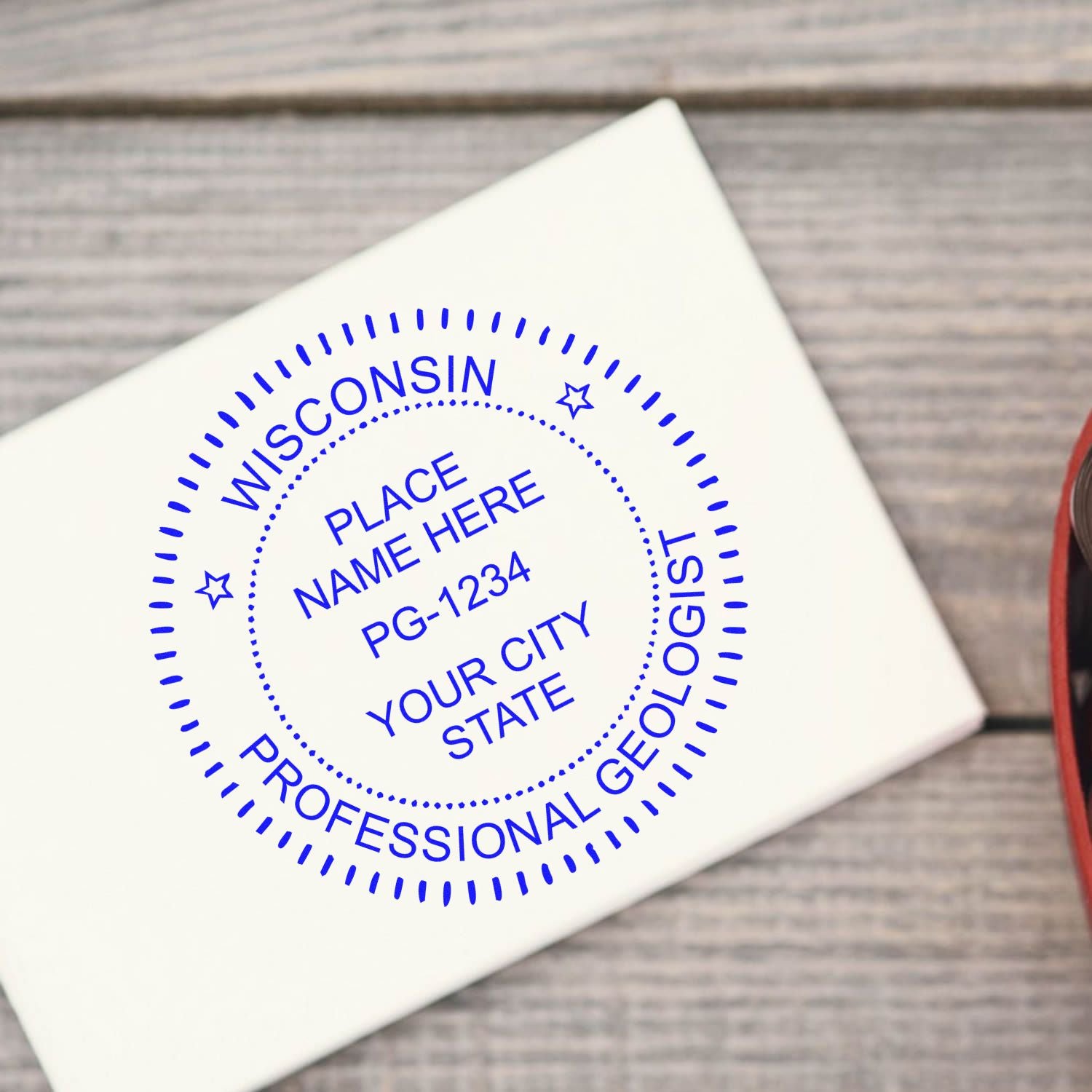 An alternative view of the Slim Pre-Inked Wisconsin Professional Geologist Seal Stamp stamped on a sheet of paper showing the image in use