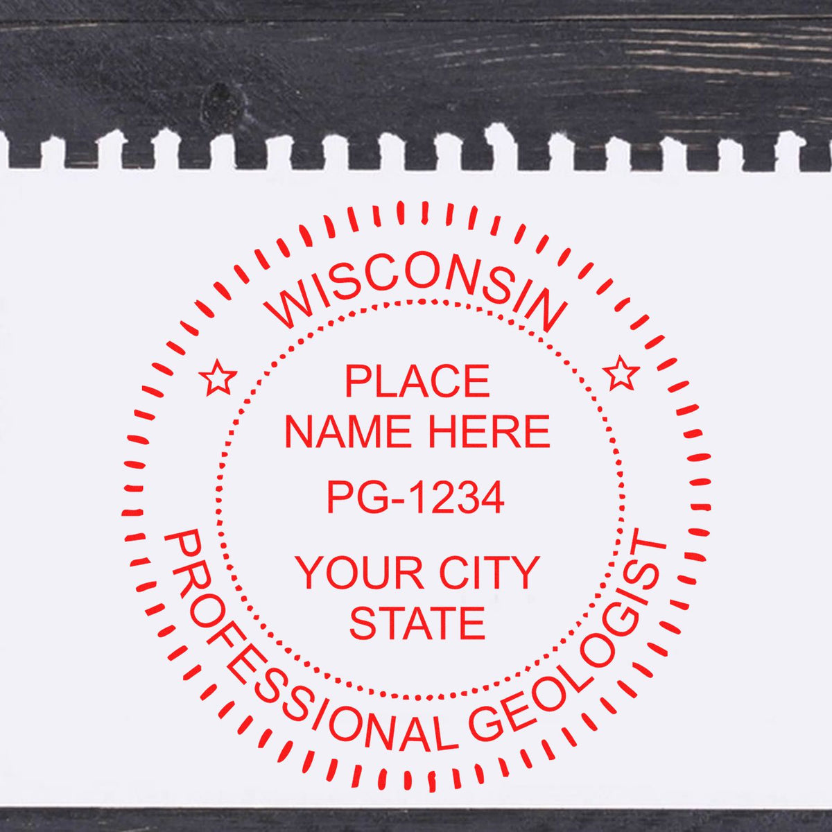 A photograph of the Self-Inking Wisconsin Geologist Stamp stamp impression reveals a vivid, professional image of the on paper.