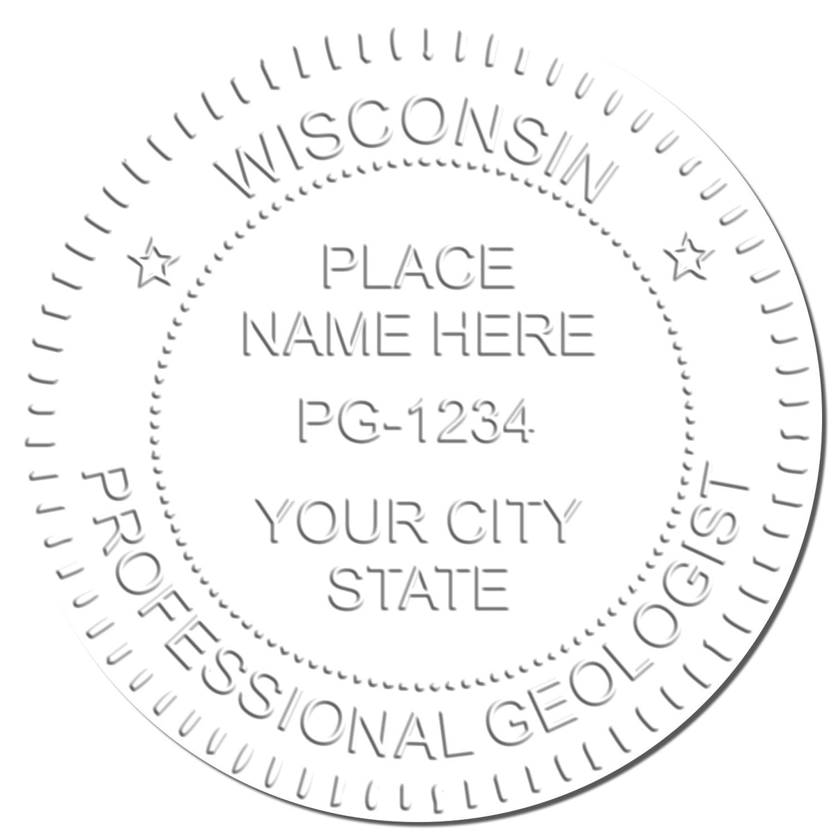 A photograph of the State of Wisconsin Extended Long Reach Geologist Seal stamp impression reveals a vivid, professional image of the on paper.