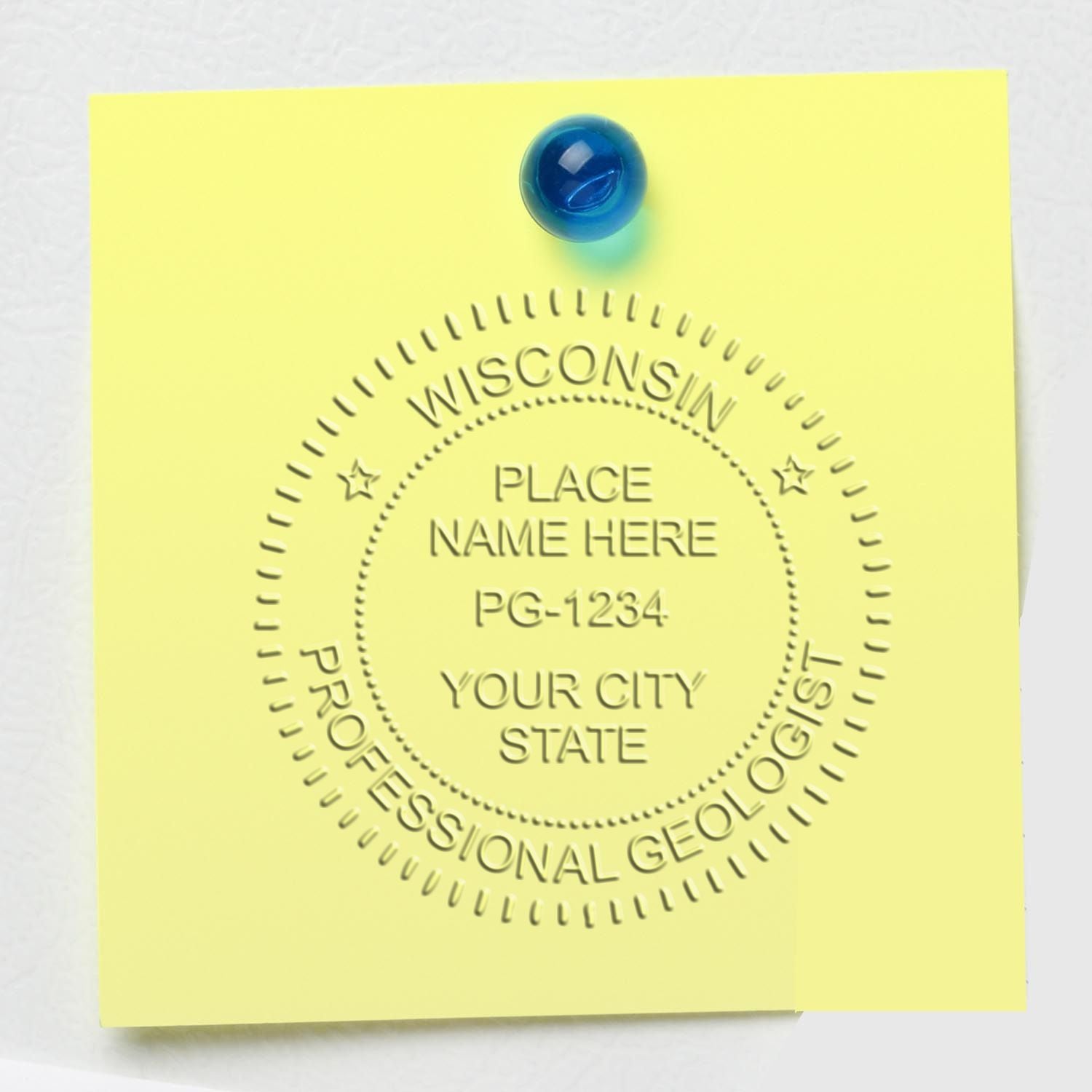 An alternative view of the State of Wisconsin Extended Long Reach Geologist Seal stamped on a sheet of paper showing the image in use