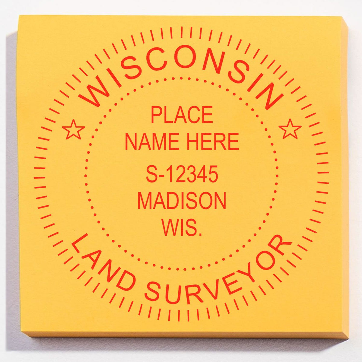 A lifestyle photo showing a stamped image of the Slim Pre-Inked Wisconsin Land Surveyor Seal Stamp on a piece of paper