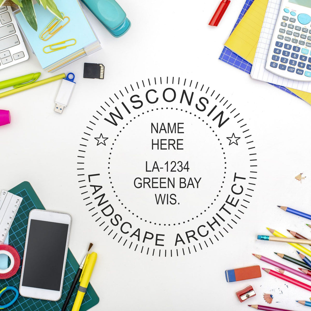 A lifestyle photo showing a stamped image of the Digital Wisconsin Landscape Architect Stamp on a piece of paper