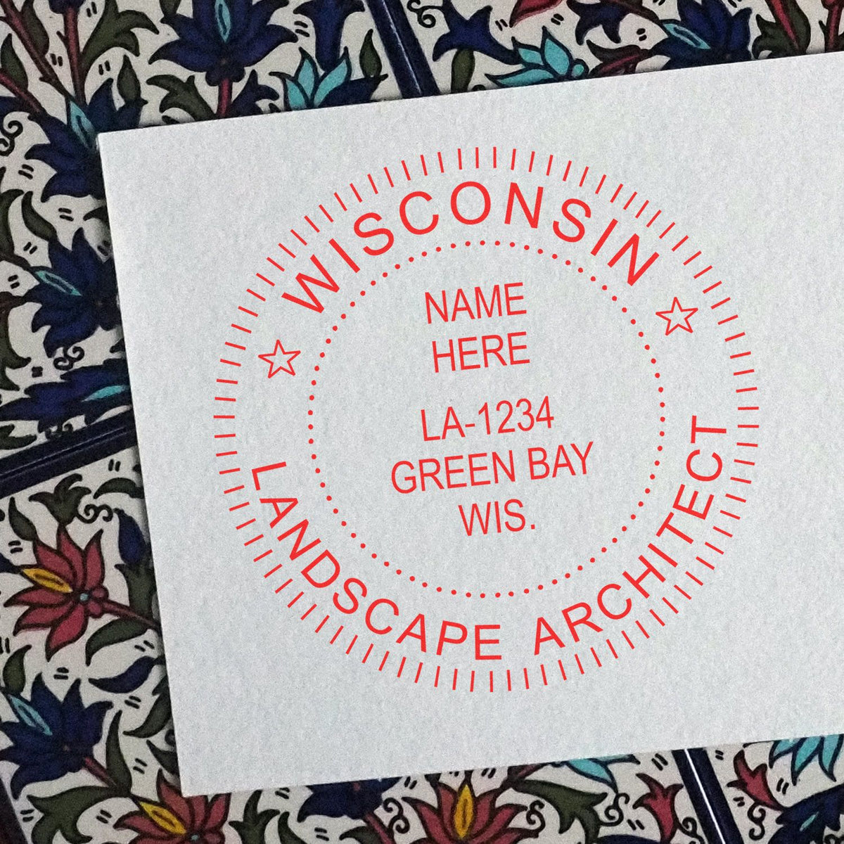 An alternative view of the Slim Pre-Inked Wisconsin Landscape Architect Seal Stamp stamped on a sheet of paper showing the image in use