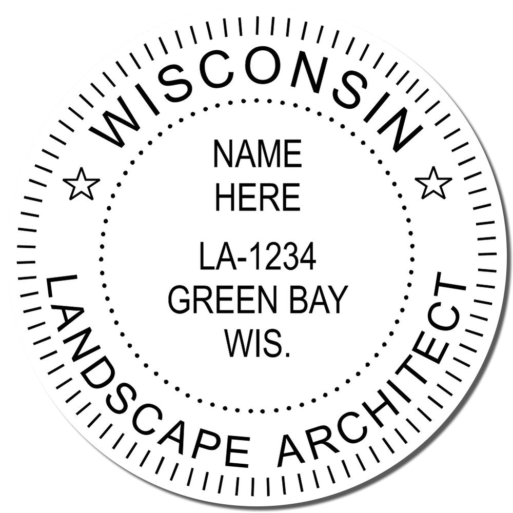 A lifestyle photo showing a stamped image of the Slim Pre-Inked Wisconsin Landscape Architect Seal Stamp on a piece of paper