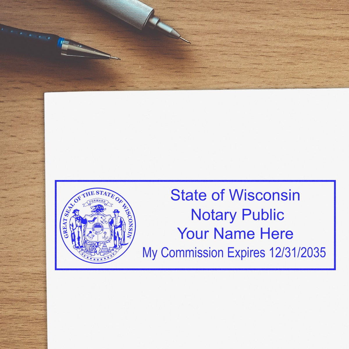A photograph of the Heavy-Duty Wisconsin Rectangular Notary Stamp stamp impression reveals a vivid, professional image of the on paper.