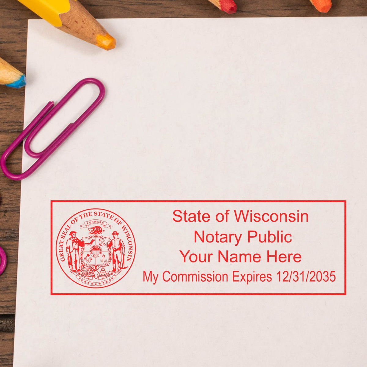 An alternative view of the MaxLight Premium Pre-Inked Wisconsin State Seal Notarial Stamp stamped on a sheet of paper showing the image in use