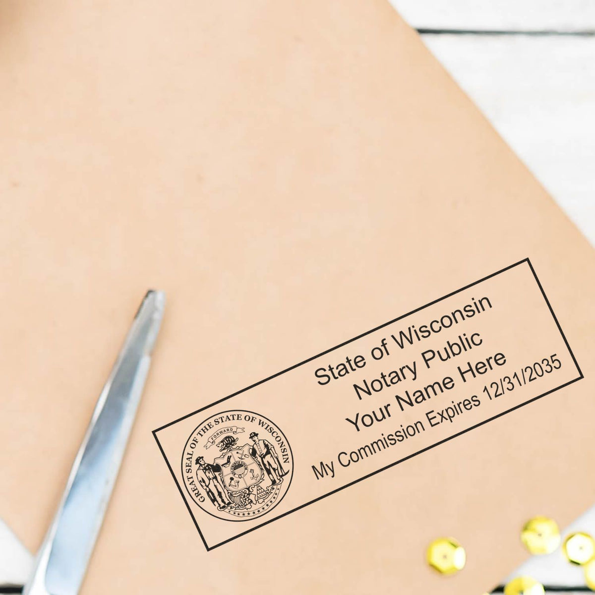 A lifestyle photo showing a stamped image of the Heavy-Duty Wisconsin Rectangular Notary Stamp on a piece of paper