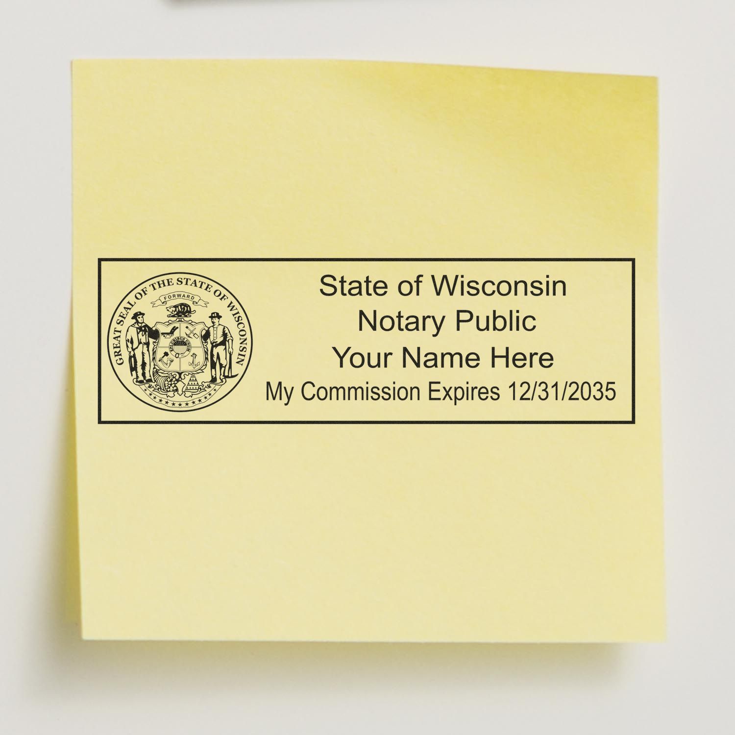 Wisconsin Rectangular Digital Notary Seal in use photo showing a stamped imprint of the Wisconsin Rectangular Digital Notary Seal