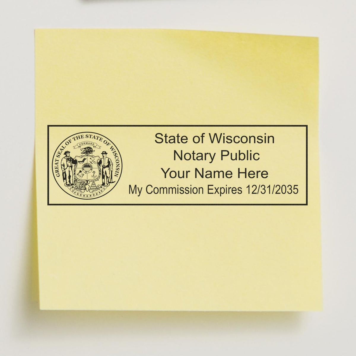 A stamped impression of the Slim Pre-Inked State Seal Notary Stamp for Wisconsin in this stylish lifestyle photo, setting the tone for a unique and personalized product.