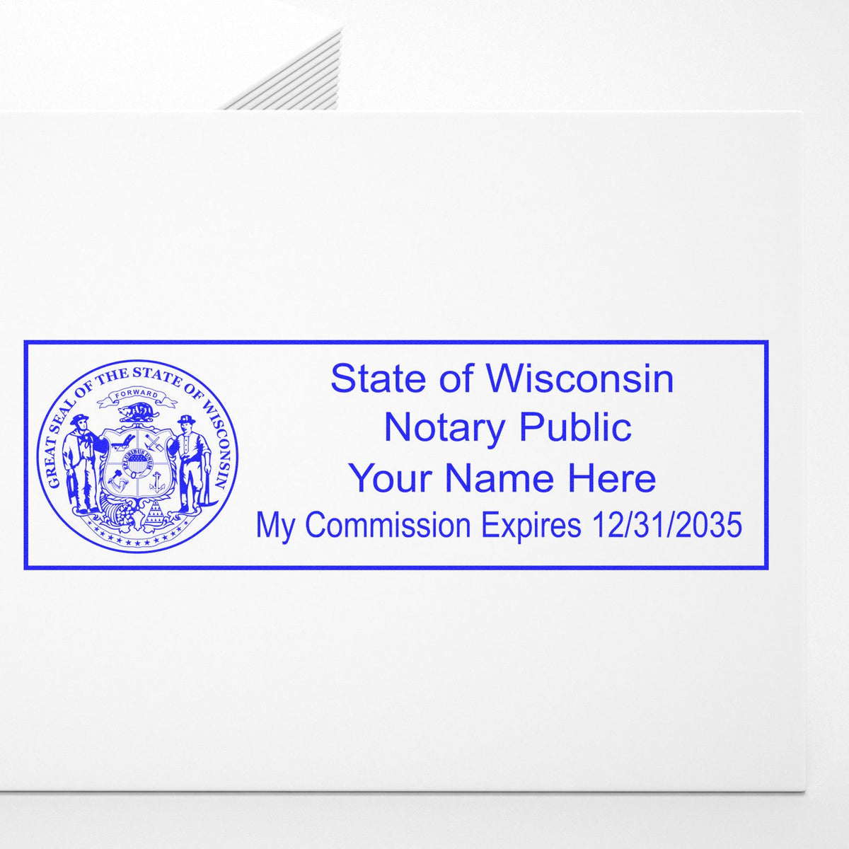 Slim Pre-Inked State Seal Notary Stamp for Wisconsin in use photo showing a stamped imprint of the Slim Pre-Inked State Seal Notary Stamp for Wisconsin