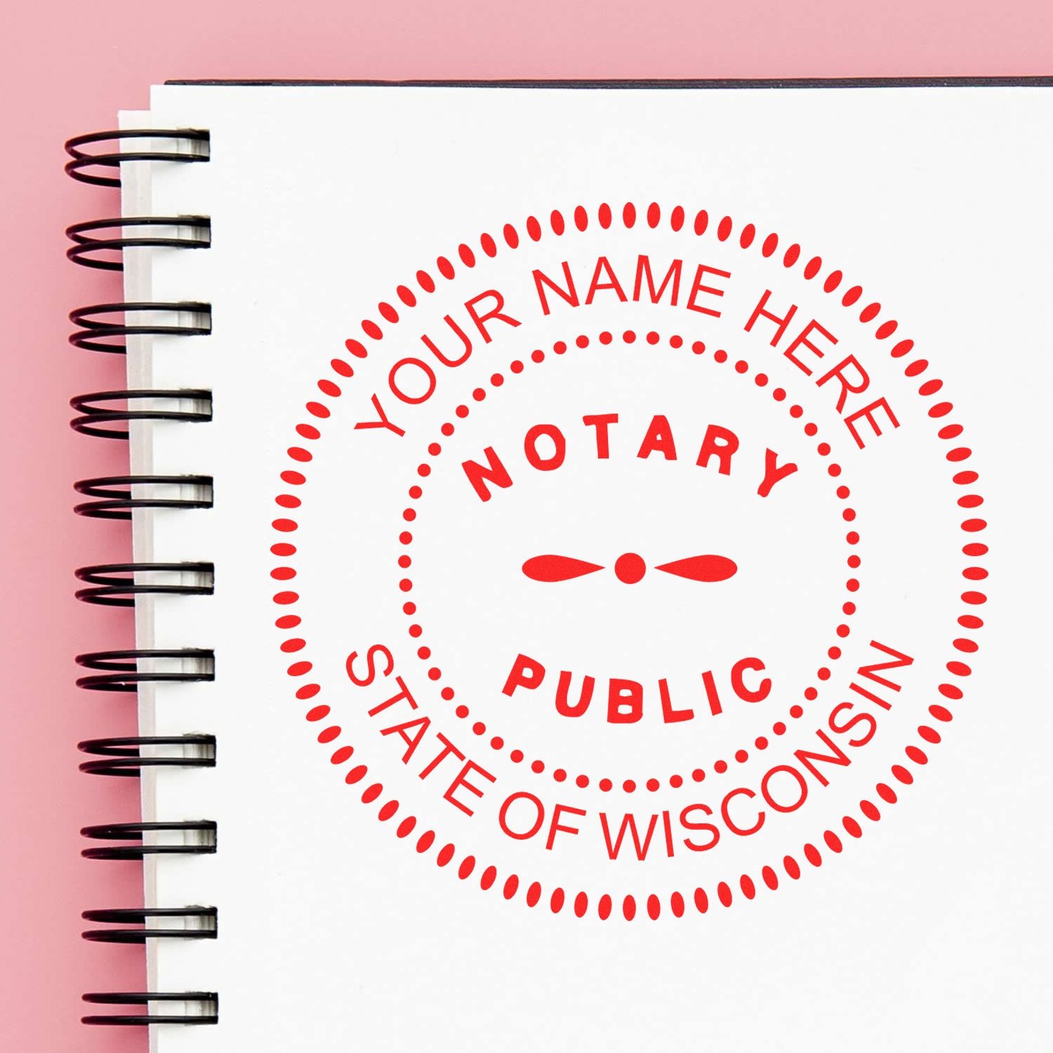 A stamped impression of the Slim Pre-Inked Round Notary Stamp for Wisconsin in this stylish lifestyle photo, setting the tone for a unique and personalized product.