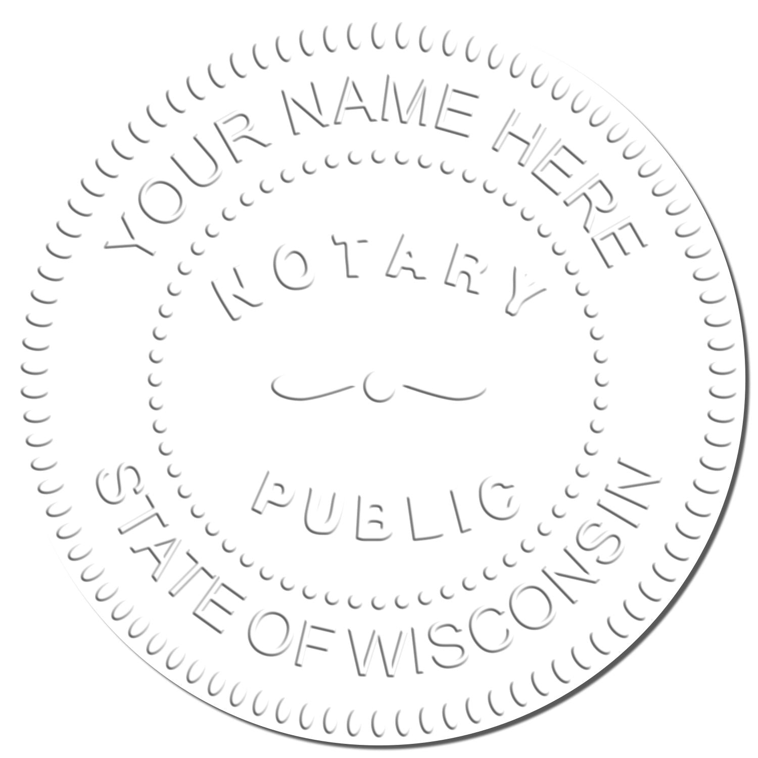 This paper is stamped with a sample imprint of the Wisconsin Handheld Notary Seal Embosser, signifying its quality and reliability.