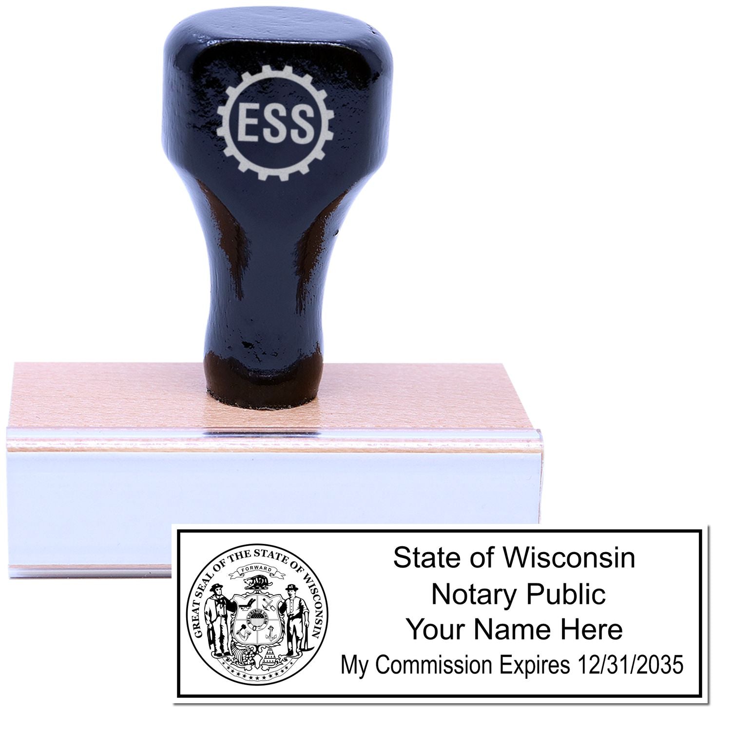 Wood Handle Wisconsin State Seal Notary Public Stamp with black handle and wooden base, shown next to an example imprint with state seal and text.