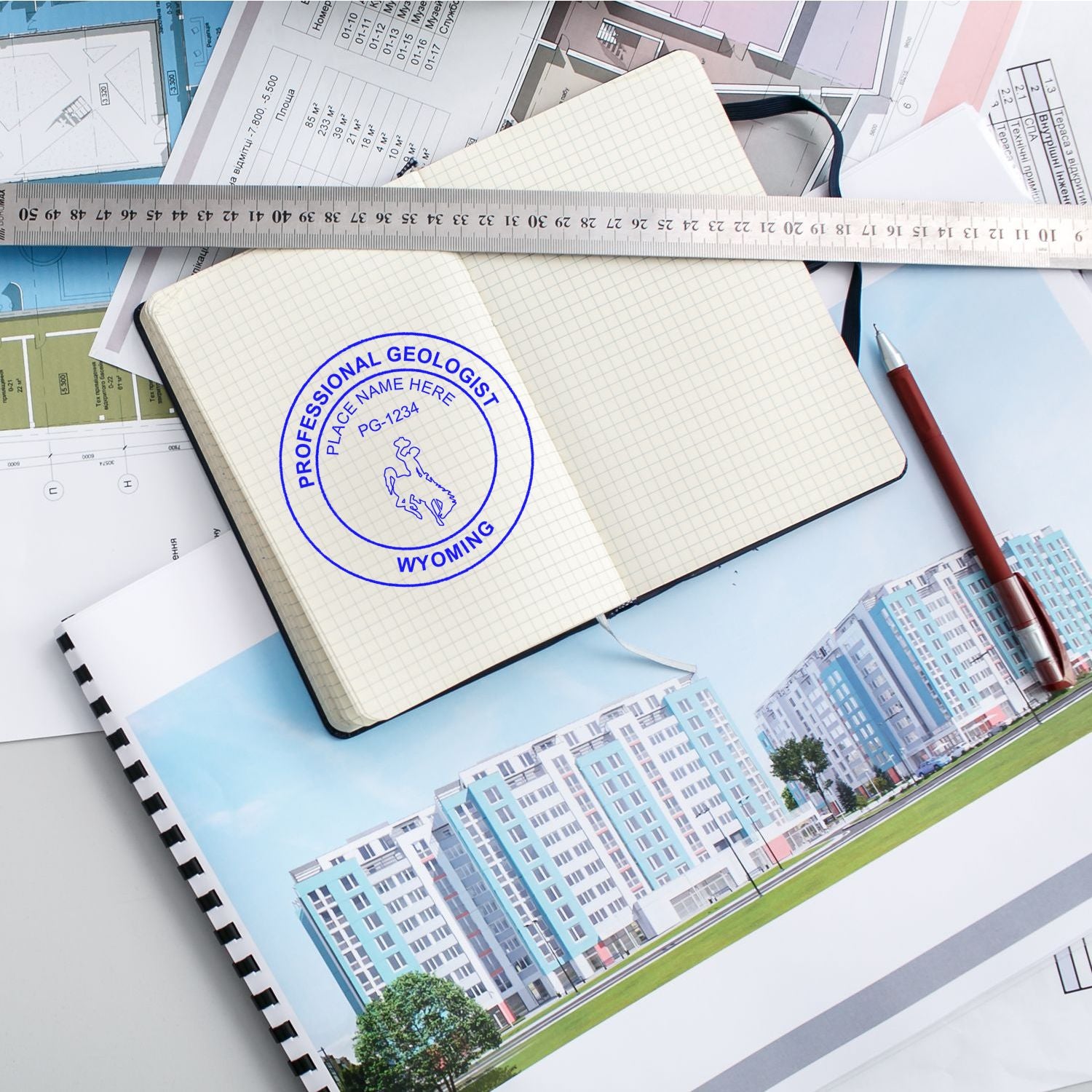 A stamped imprint of the Premium MaxLight Pre-Inked Wyoming Geology Stamp in this stylish lifestyle photo, setting the tone for a unique and personalized product.