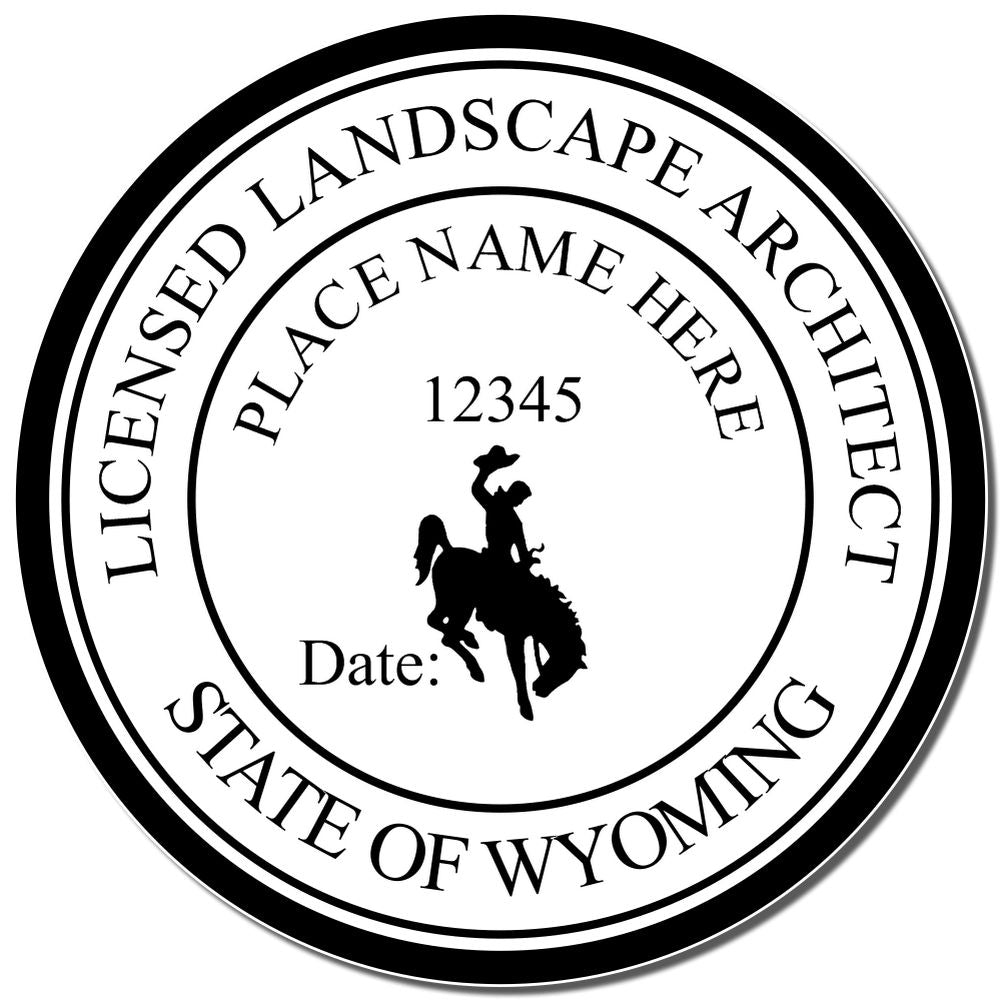 The main image for the Slim Pre-Inked Wyoming Landscape Architect Seal Stamp depicting a sample of the imprint and electronic files