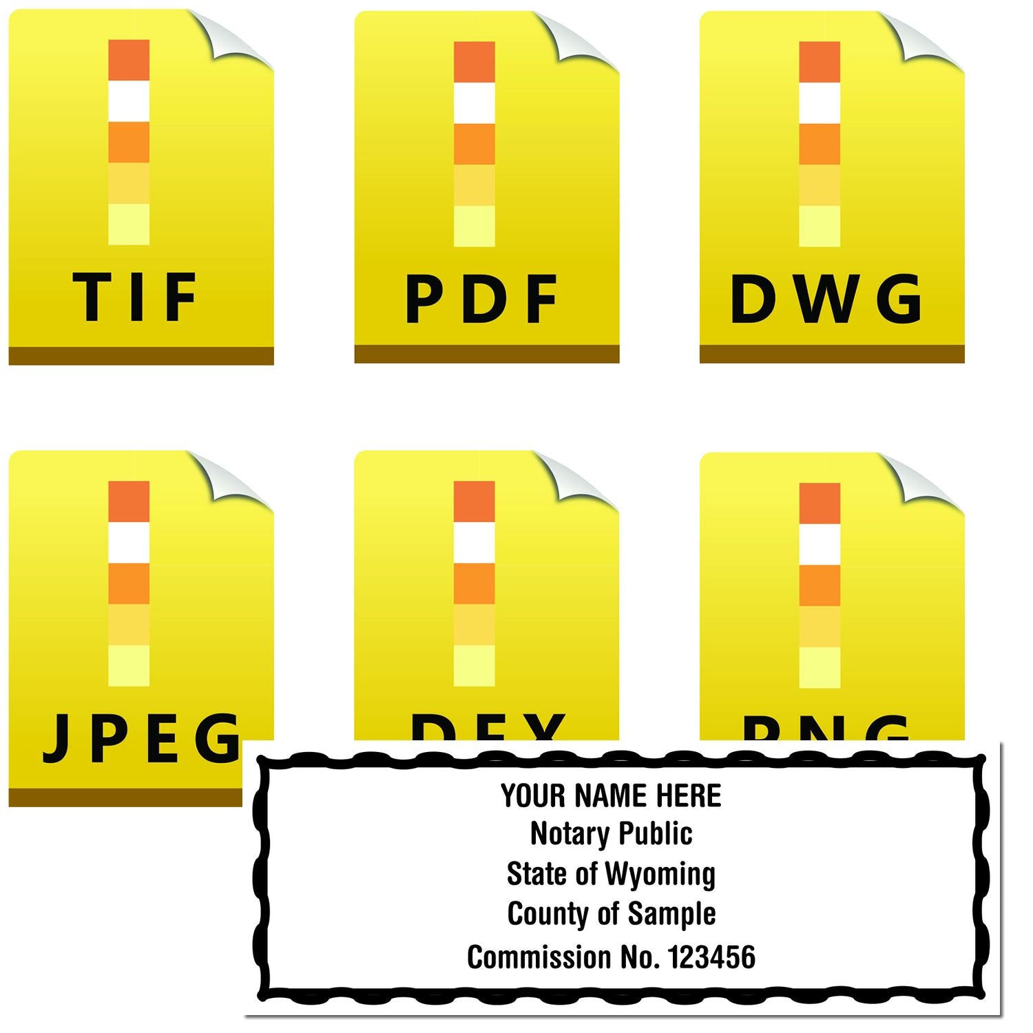 The main image for the Wyoming Rectangular Digital Notary Seal depicting a sample of the imprint and electronic files