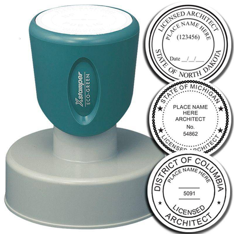 Xstamper Architect Pre-Inked Rubber Stamp of Seal in teal and gray, shown with sample seal impressions for North Dakota, Michigan, and District of Columbia licensed architects.