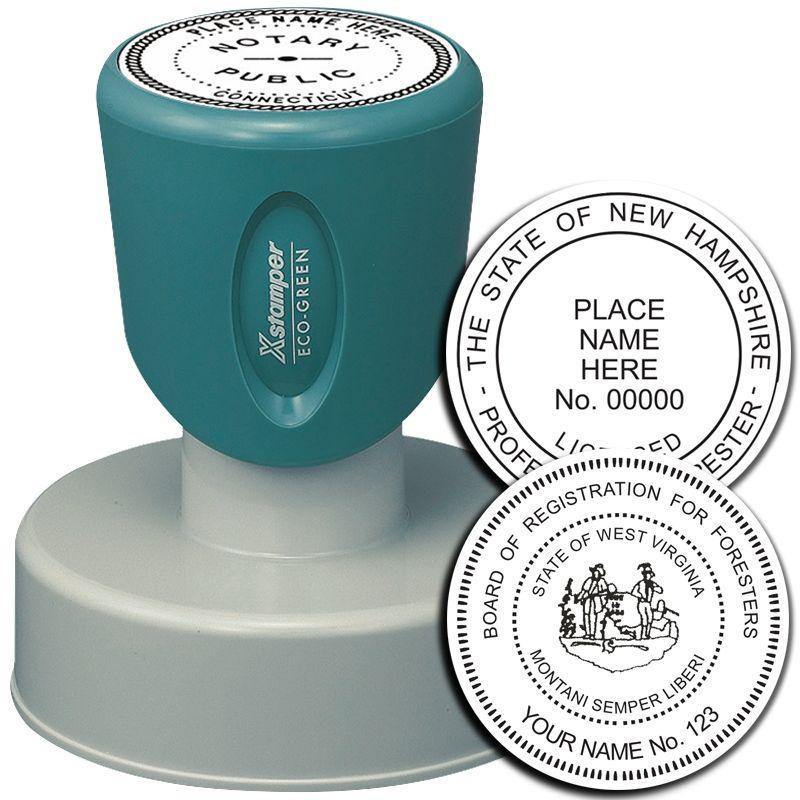 Xstamper Forester Pre-Inked Rubber Stamp of Seal with teal handle and two sample impressions showing customizable text and state seals.
