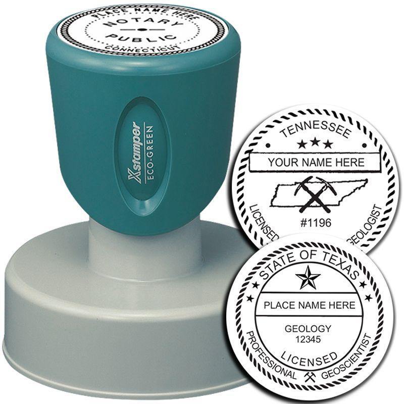 Xstamper Geologist Pre-Inked Rubber Stamp of Seal with teal handle, featuring customizable seals for Tennessee and Texas geologists.