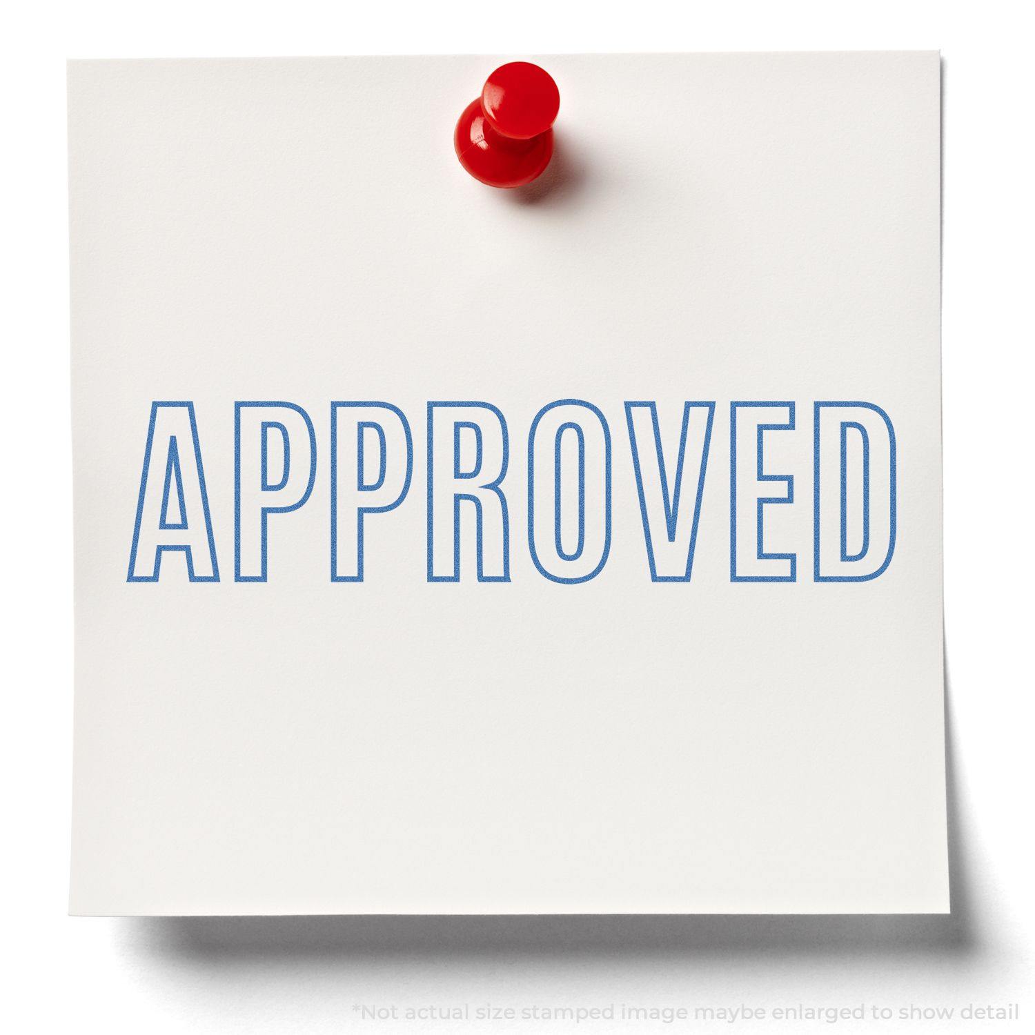A white note pinned with a red pushpin, stamped with APPROVED in blue ink using the Approved Xstamper Stamp.