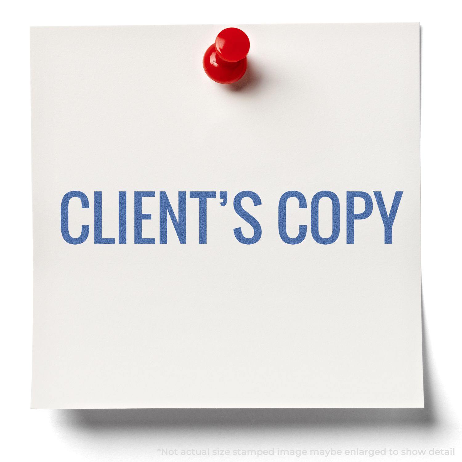 Red pushpin holding a white note stamped with CLIENT'S COPY using the Client's Copy Xstamper Stamp.