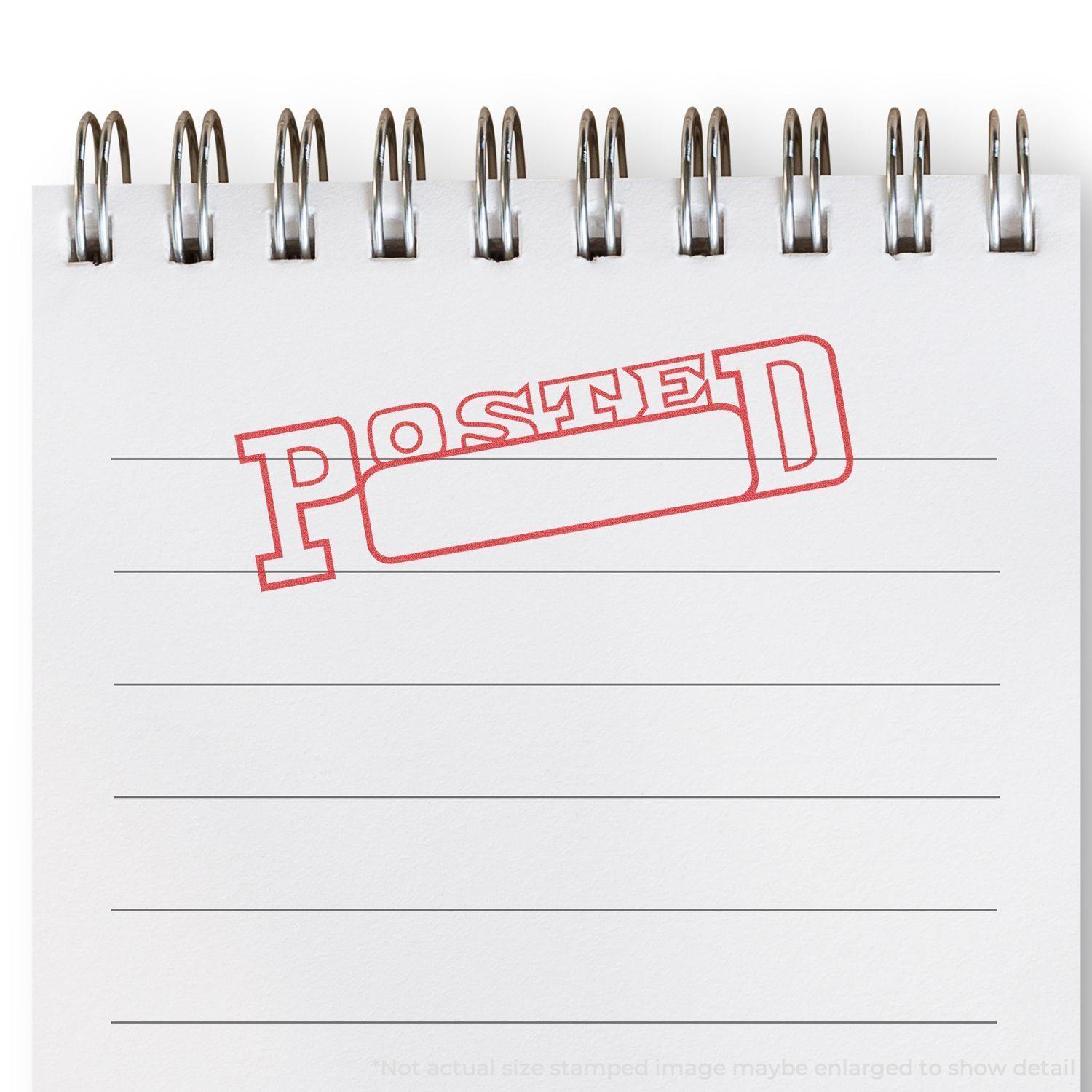 A red POSTED stamp impression on a spiral notebook page, created using the Date Posted Xstamper Stamp.