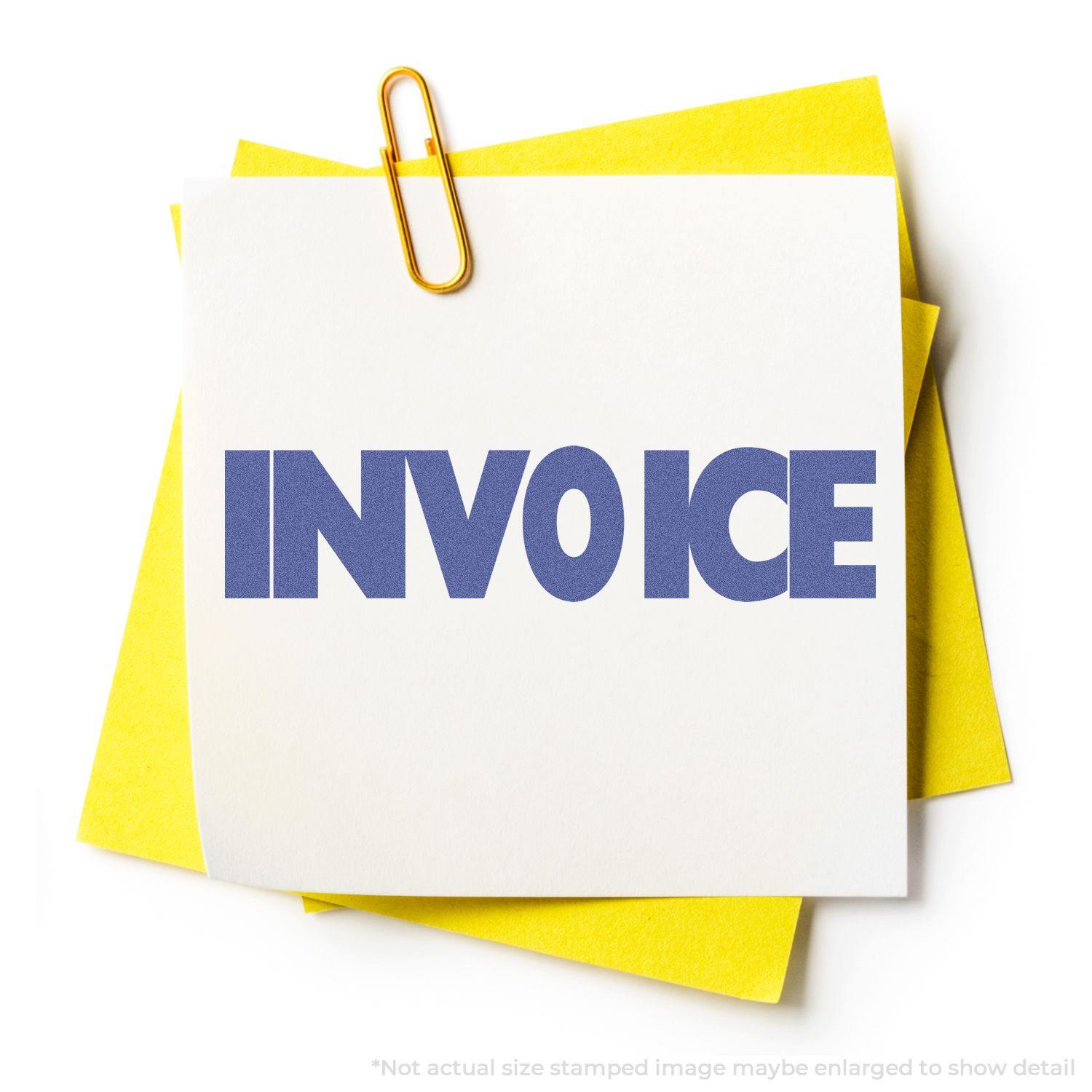 Invoice Xstamper Stamp imprint on white paper with yellow background and a paperclip, showcasing the bold INVOICE text.