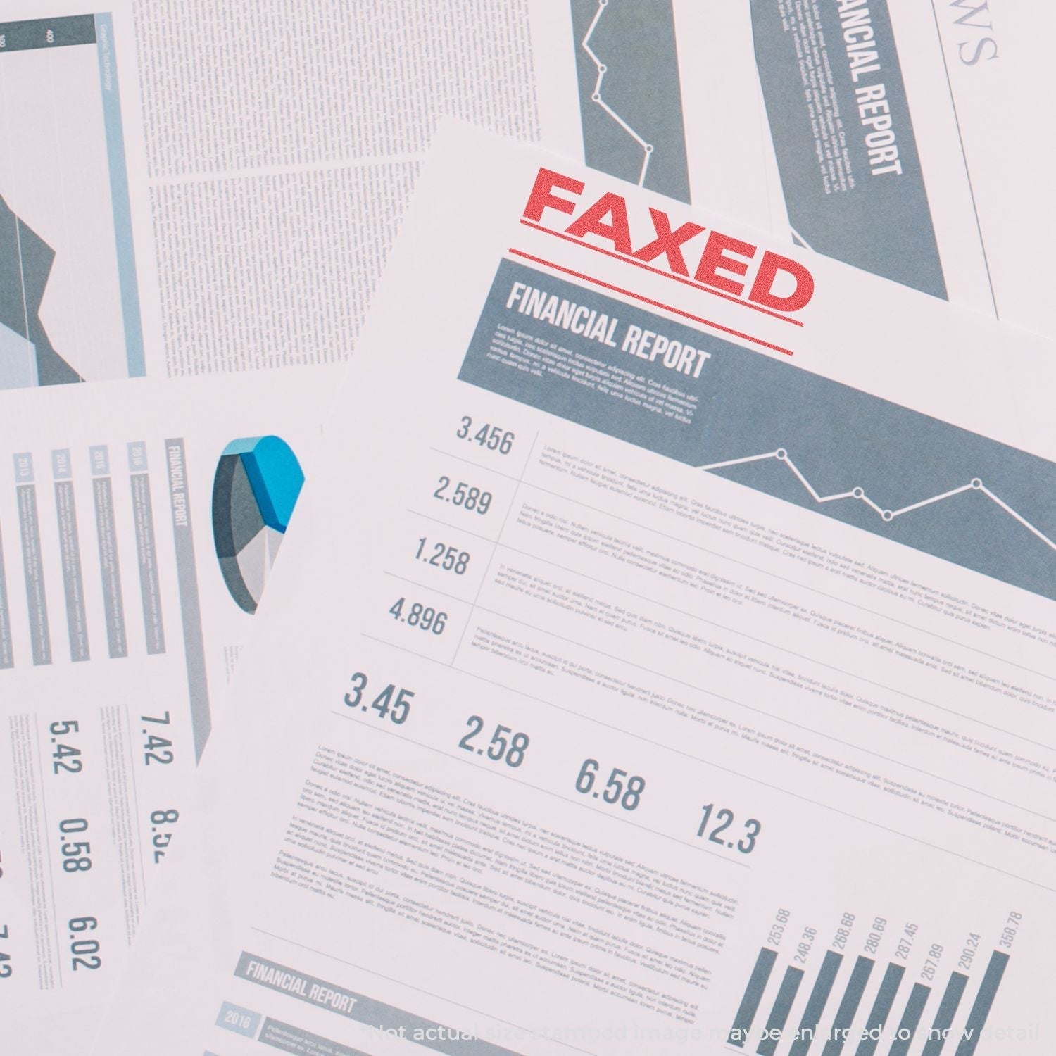 A financial report stamped with FAXED using the Custom Self Inking Stamp Trodat 4912 Size 3/4 x 1-7/8, surrounded by charts and graphs.