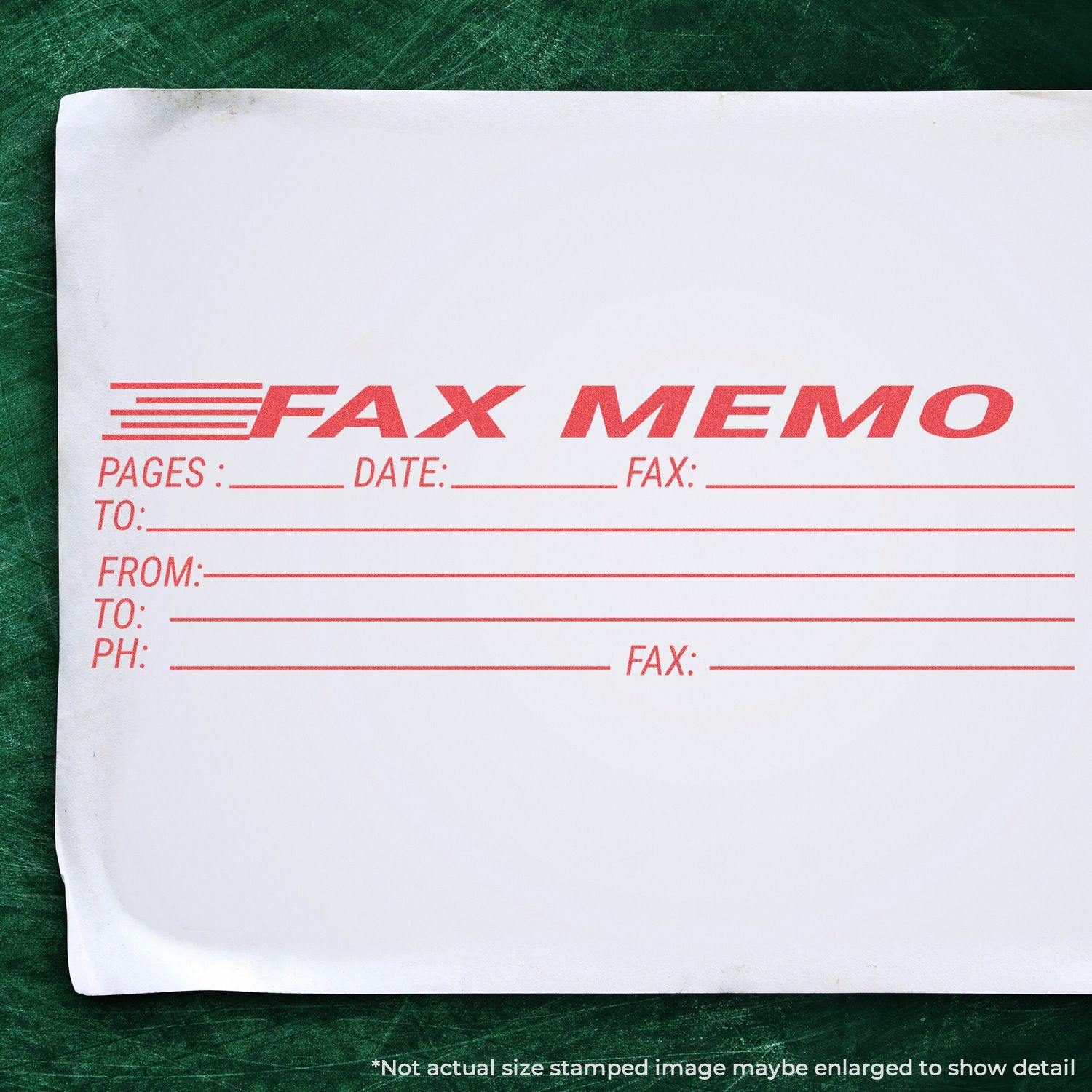 Jumbo Fax Memo Xstamper Stamp in use on a white sheet with red text fields for pages, date, fax, to, from, and phone number.