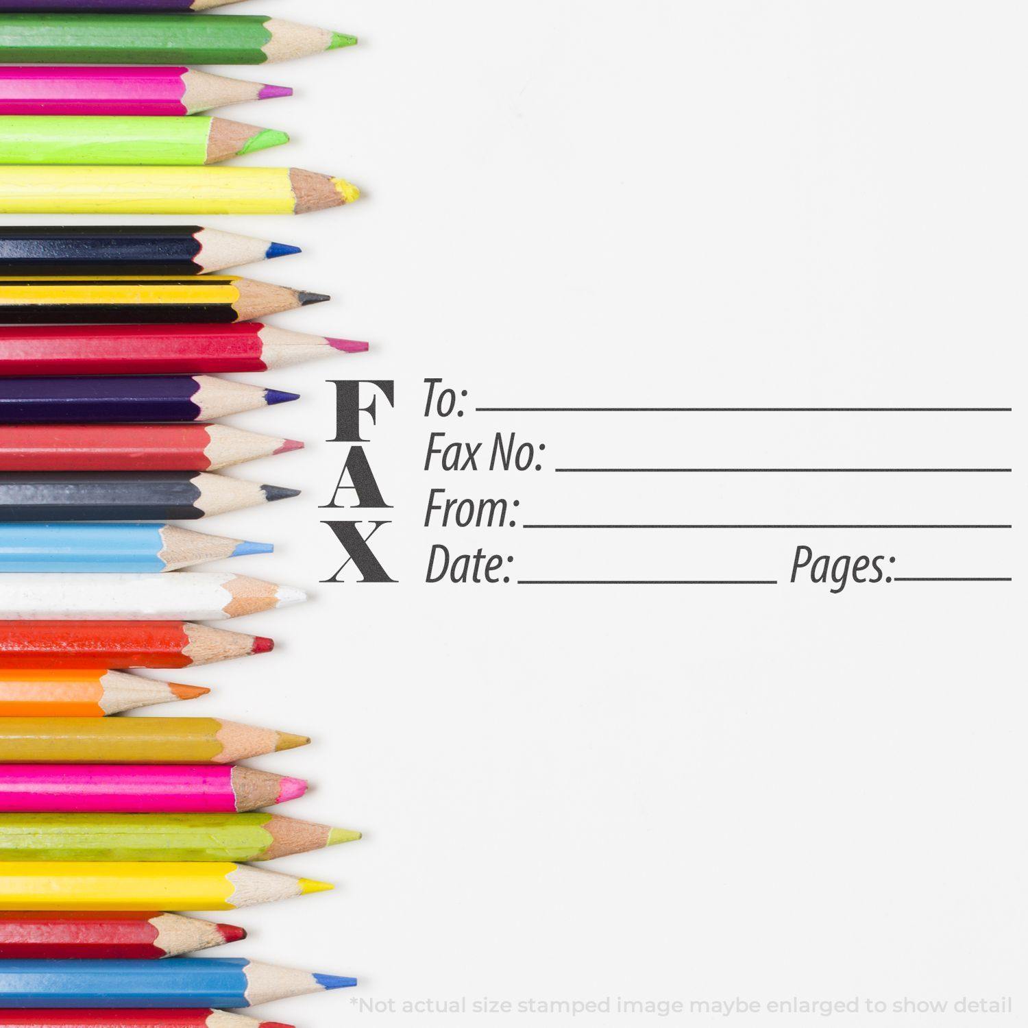 Colorful pencils next to a stamped fax form with the Jumbo Fax Xstamper Stamp, showing fields for To, Fax No, From, Date, and Pages.