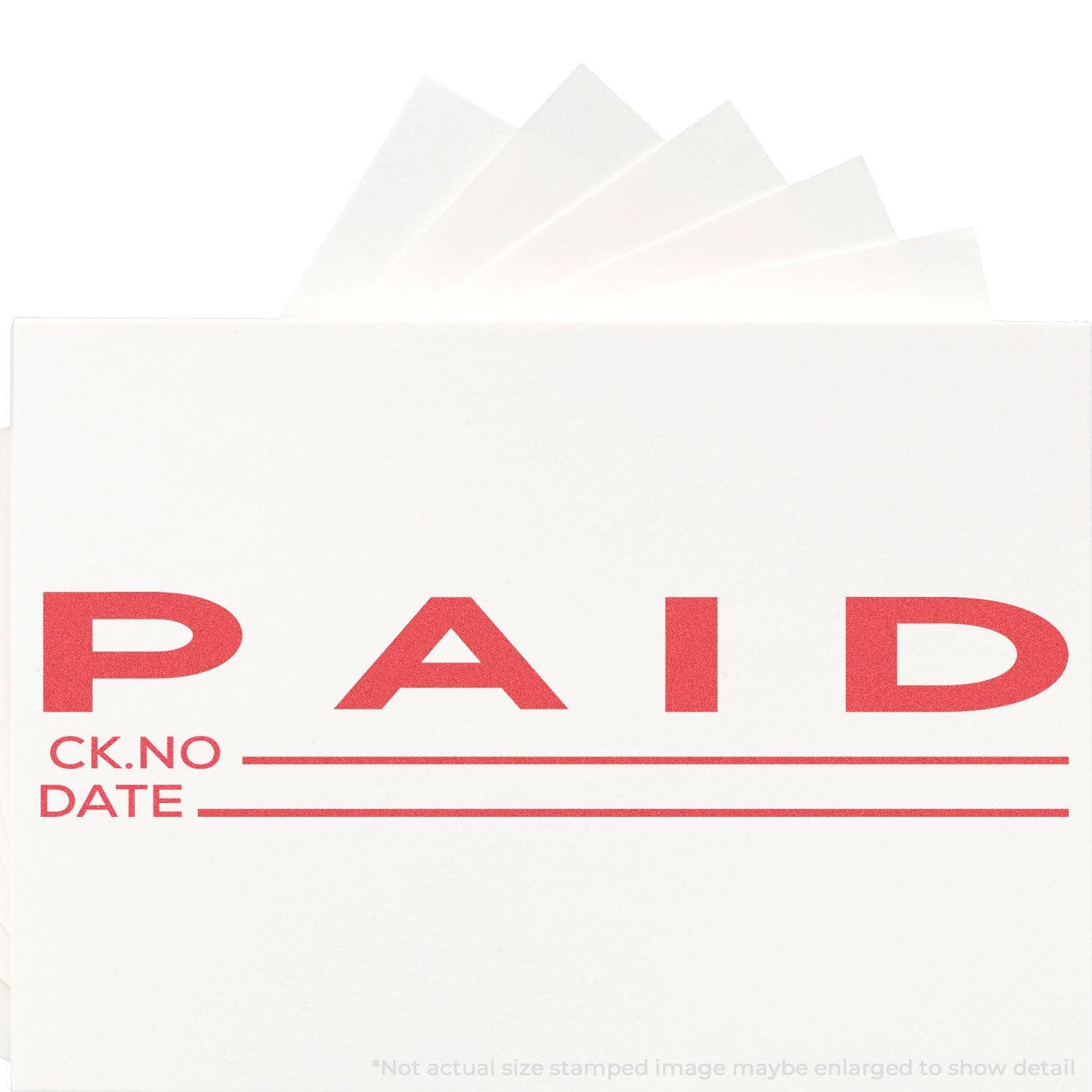 Jumbo Paid Ck No.-Date Xstamper Stamp in red ink on white paper, showing PAID with lines for check number and date.