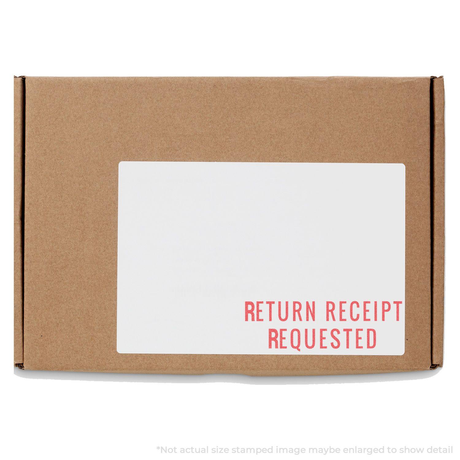 Brown package with a white label stamped Return Receipt Requested in red using the Return Receipt Requested Xstamper Stamp.