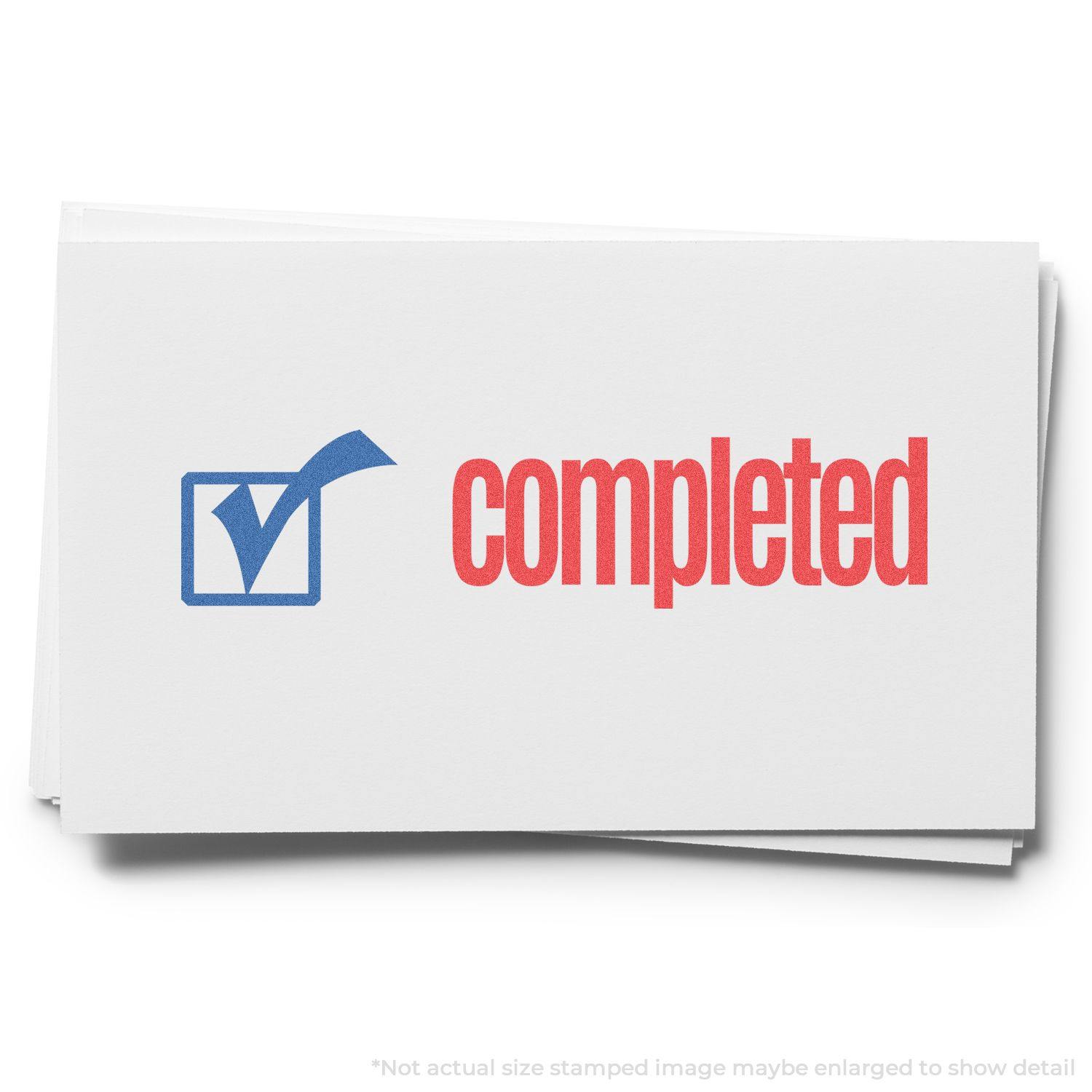 Two-Color Completed Xstamper Stamp showing a blue checkmark in a box and the word completed in red on a white card.