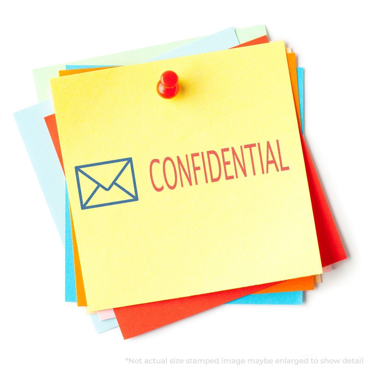 A stack of colorful sticky notes with a red pin, the top note stamped with CONFIDENTIAL using the Two-Color Confidential Xstamper Stamp.