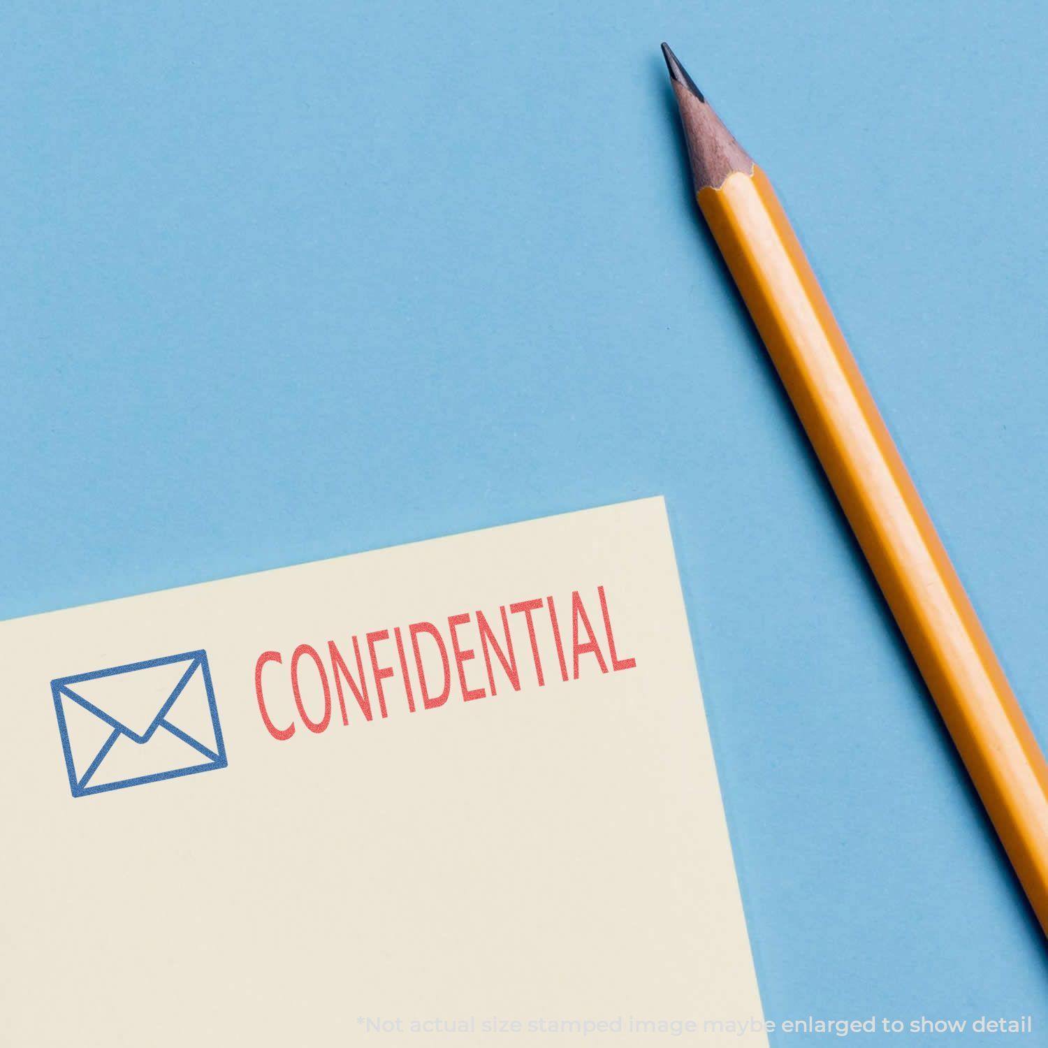 Two-Color Confidential Xstamper Stamp used on a document with a pencil nearby, showing the word CONFIDENTIAL in red and an envelope icon in blue.