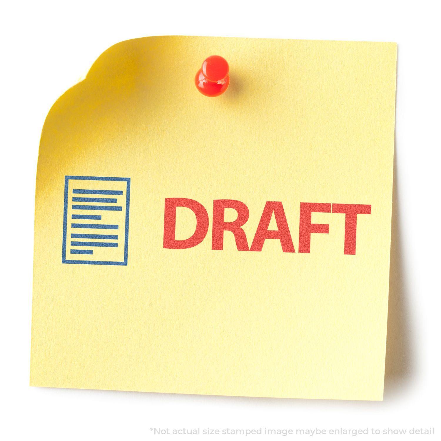 Yellow sticky note with red pushpin stamped with DRAFT in red and a blue icon using the Two-Color Draft Xstamper Stamp.