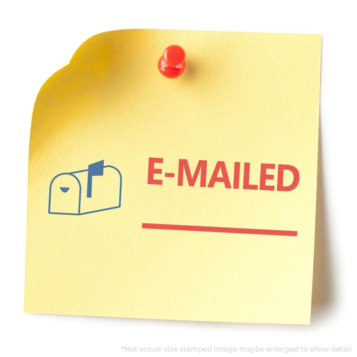 Yellow sticky note with red pushpin, stamped with E-MAILED in red and a blue mailbox icon using the Two-Color Emailed Xstamper Stamp.