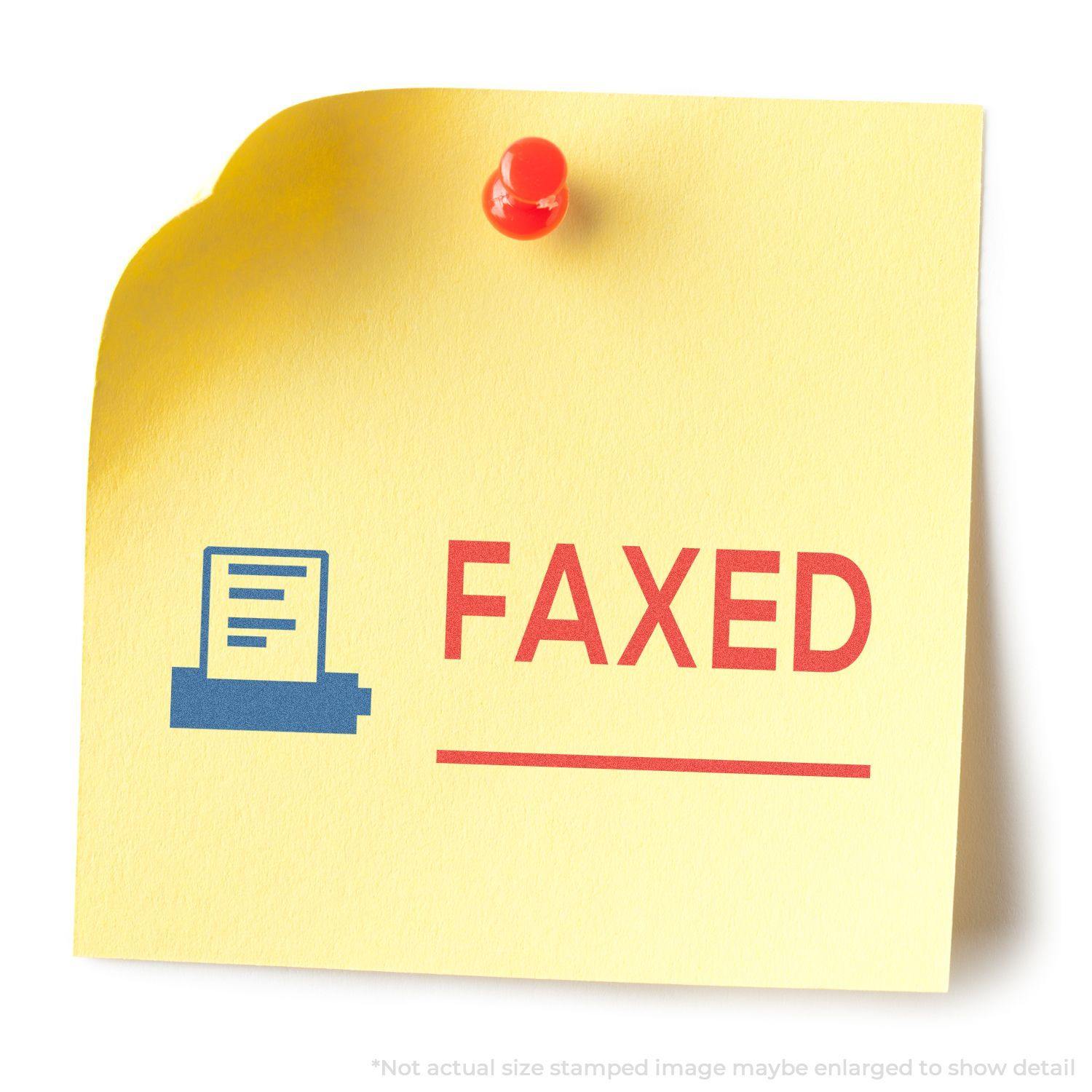 Yellow sticky note with a red FAXED stamp and blue fax icon, created using the Two-Color Faxed Xstamper Stamp, pinned with a red pushpin.