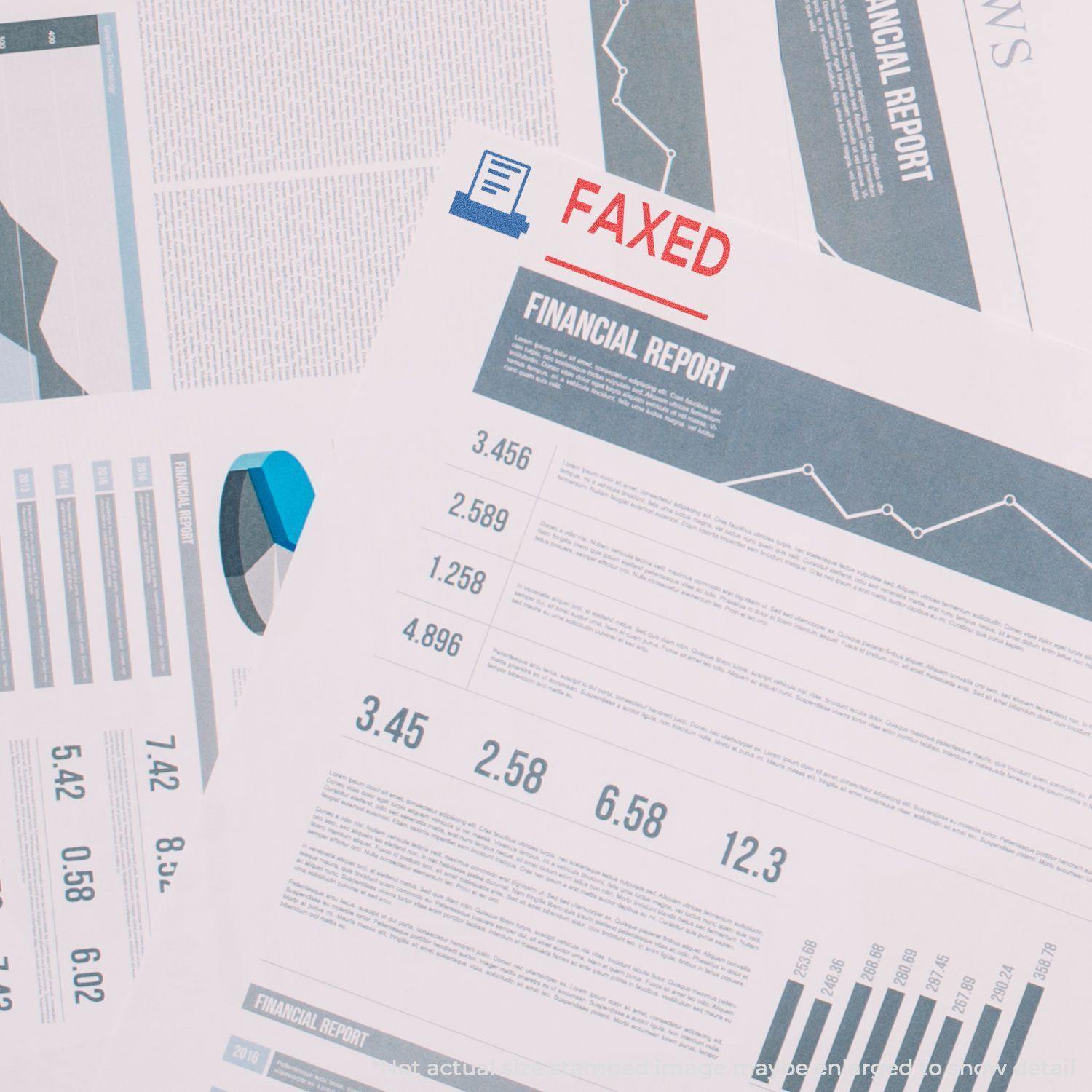 Two-Color Faxed Xstamper Stamp marking FAXED in red and blue on financial report documents with graphs and charts.