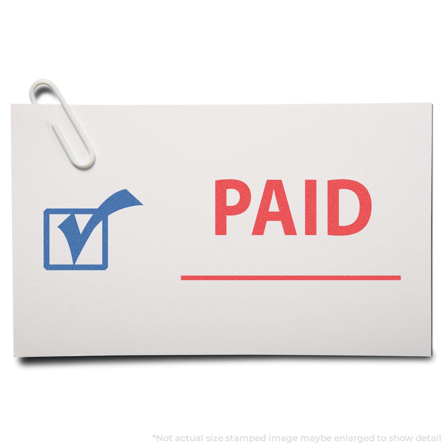 Two-Color Paid Xstamper Stamp showing a blue checkmark in a box and the word PAID in red on a white card with a paperclip.