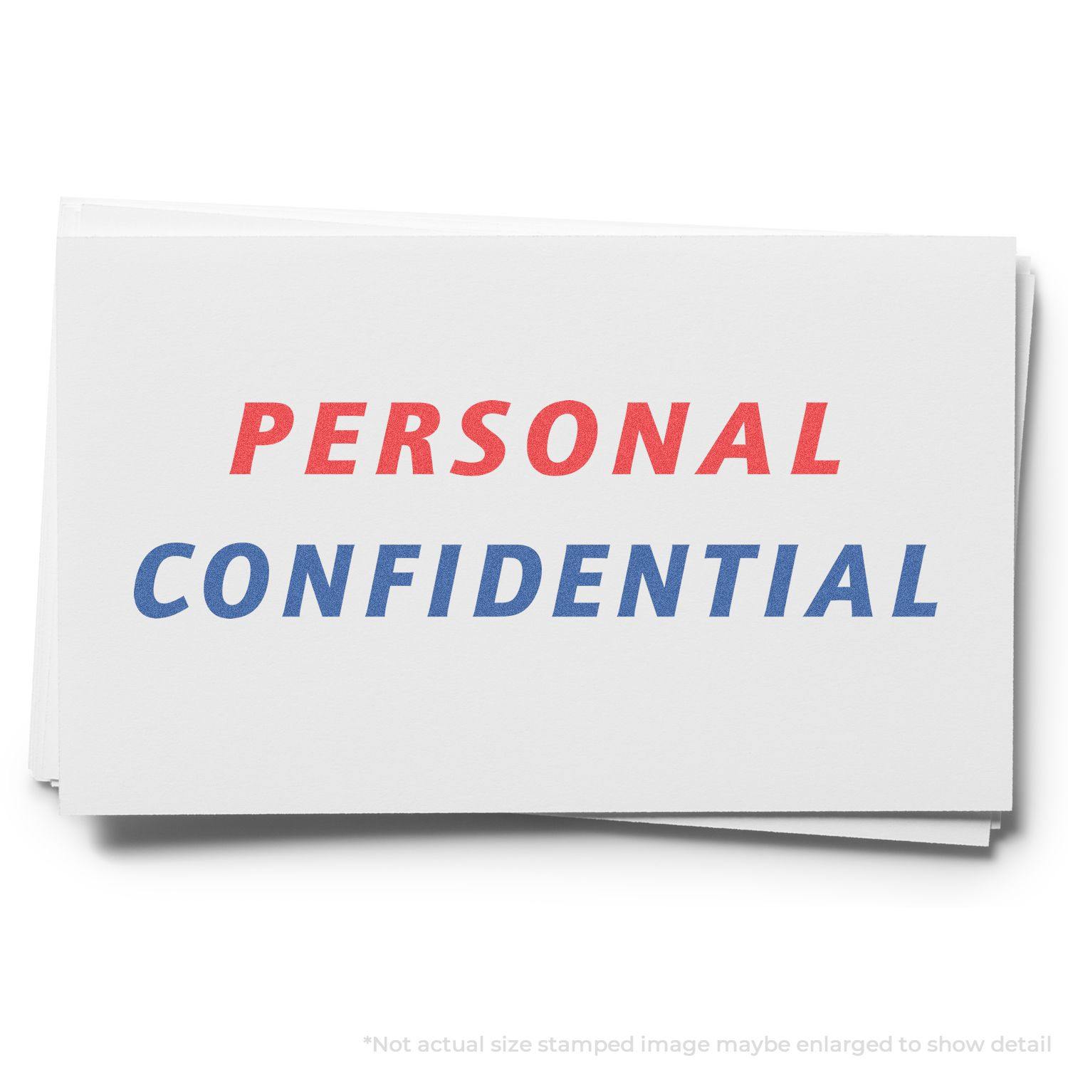 Two-Color Personal Confidential Xstamper Stamp in use, showing PERSONAL in red and CONFIDENTIAL in blue on white paper.