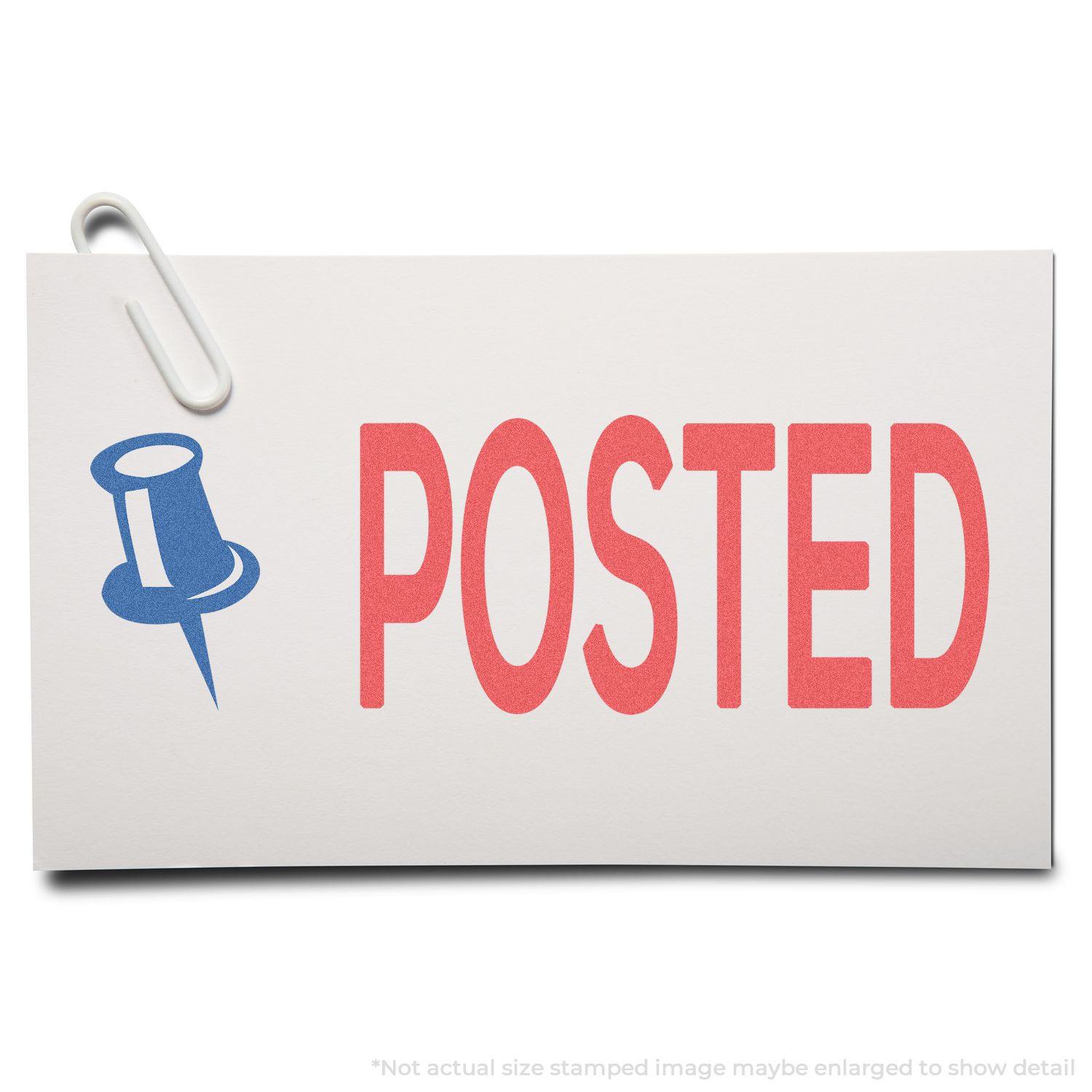 Two-Color Posted Xstamper Stamp showing a blue pushpin icon and the word POSTED in red on a white card with a paperclip.
