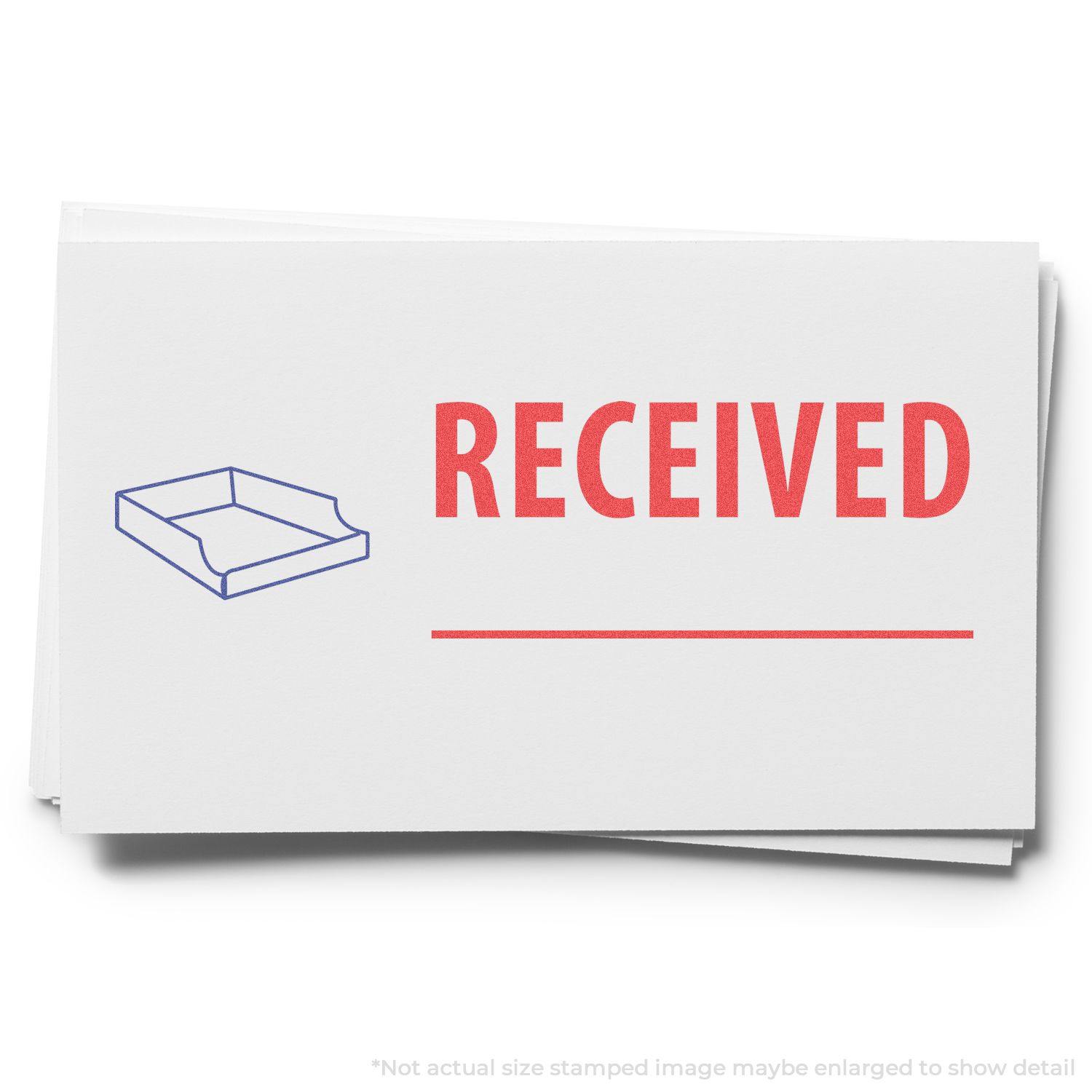 Two-Color Received Xstamper Stamp imprint on white paper with a red RECEIVED text and a blue tray icon.